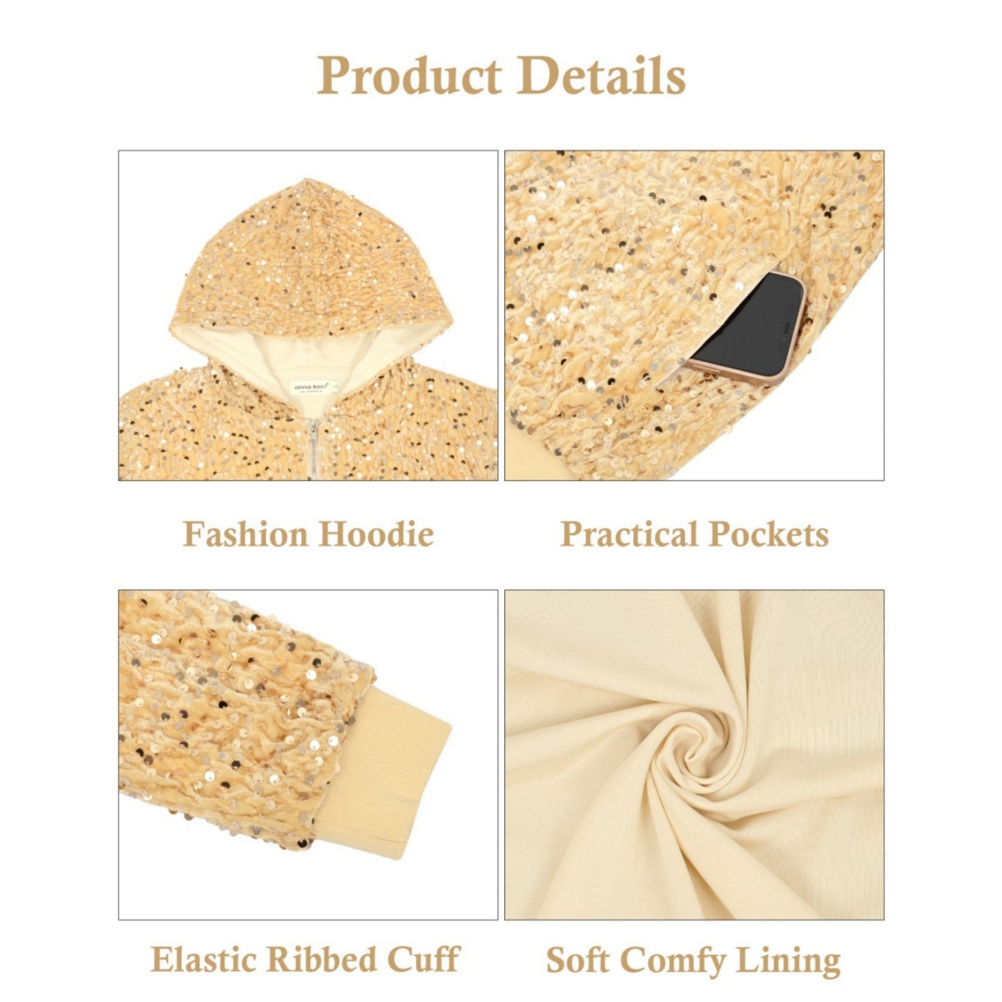 Anna-Kaci Women's Hooded Sequin Jacket with Front Zipper Closure and Ribbed Trim