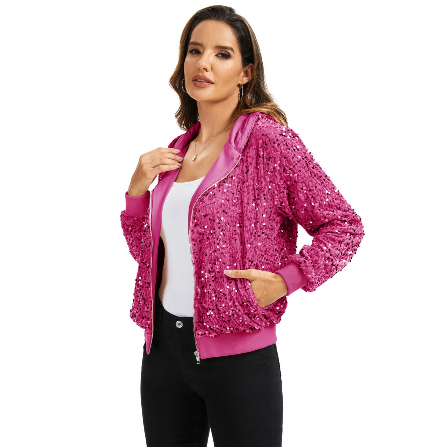 Anna-Kaci Women's Hooded Sequin Jacket with Front Zipper Closure and Ribbed Trim