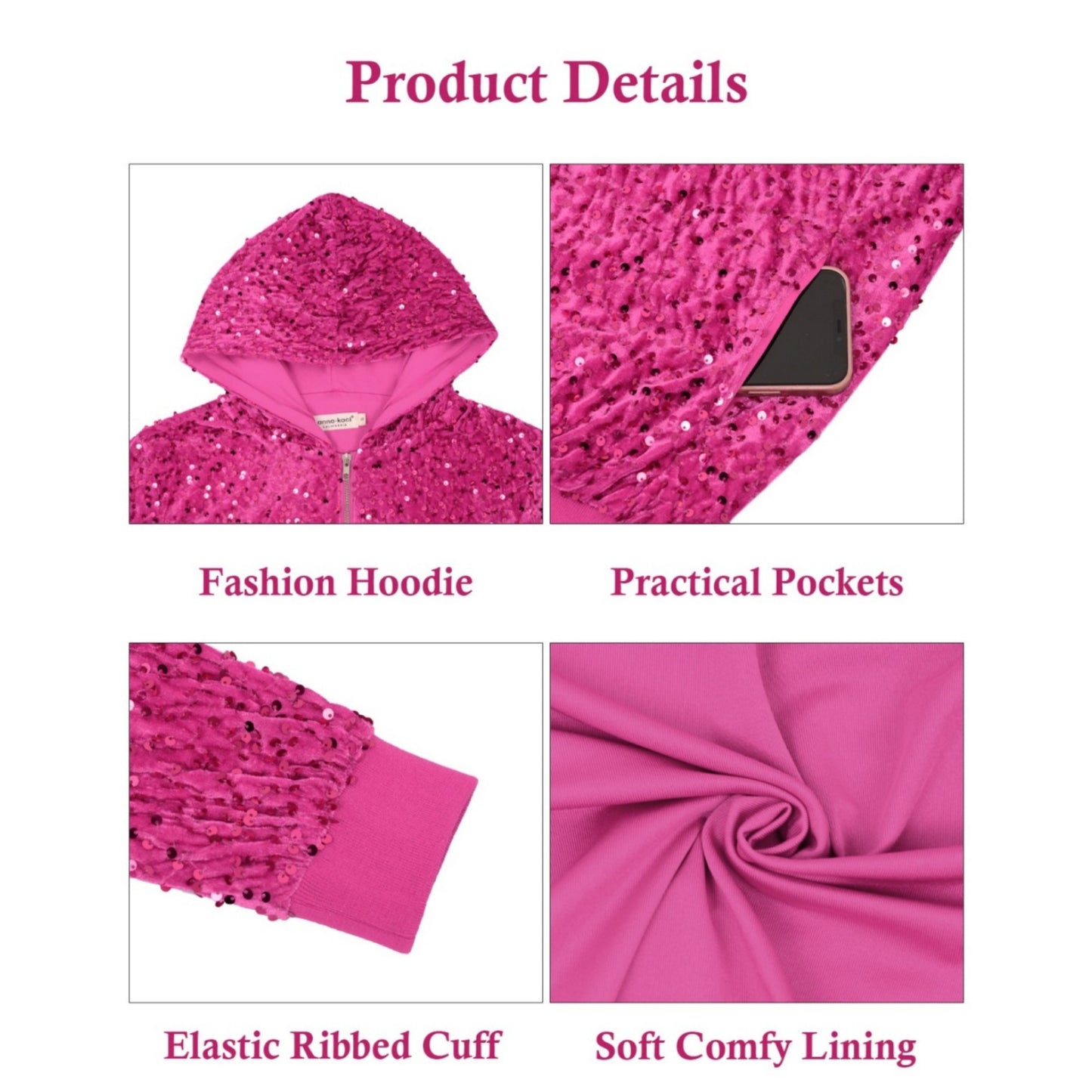 Anna-Kaci Women's Hooded Sequin Jacket with Front Zipper Closure and Ribbed Trim