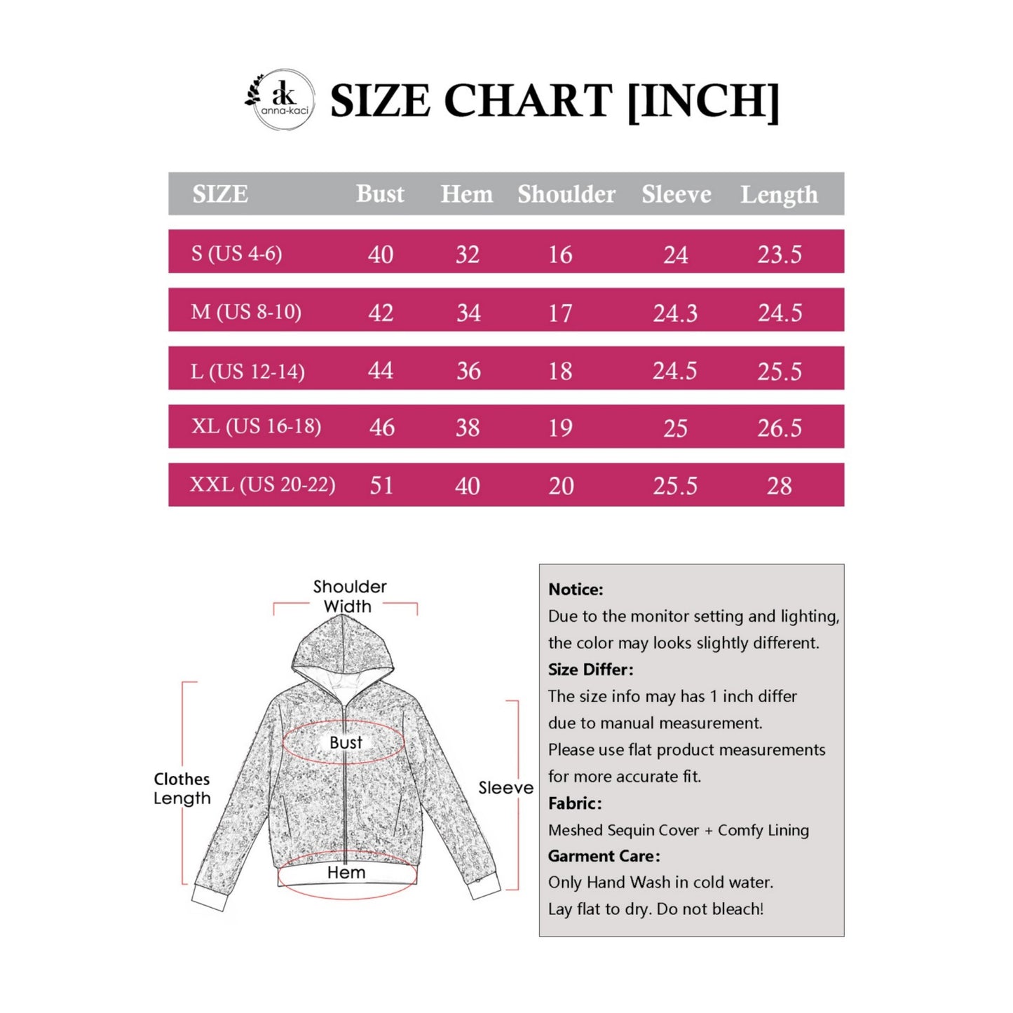 Anna-Kaci Women's Hooded Sequin Jacket with Front Zipper Closure and Ribbed Trim