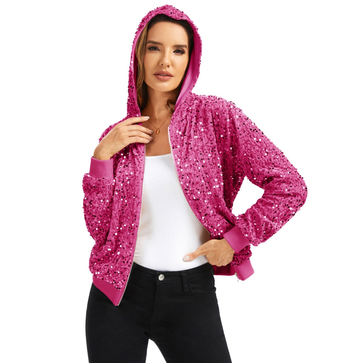 Anna-Kaci Women's Hooded Sequin Jacket with Front Zipper Closure and Ribbed Trim