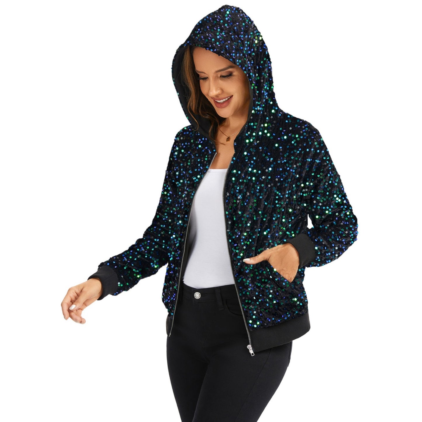 Anna-Kaci Women's Hooded Sequin Jacket with Front Zipper Closure and Ribbed Trim