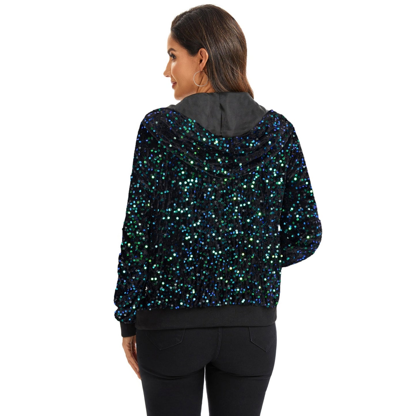 Anna-Kaci Women's Hooded Sequin Jacket with Front Zipper Closure and Ribbed Trim