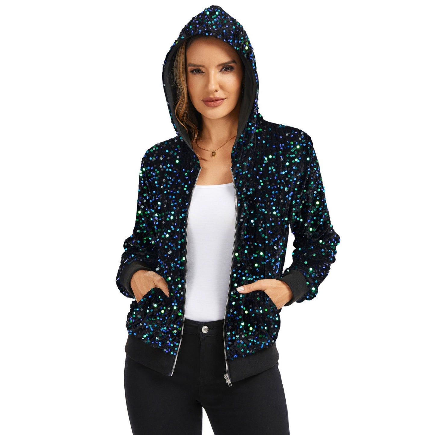 Anna-Kaci Women's Hooded Sequin Jacket with Front Zipper Closure and Ribbed Trim
