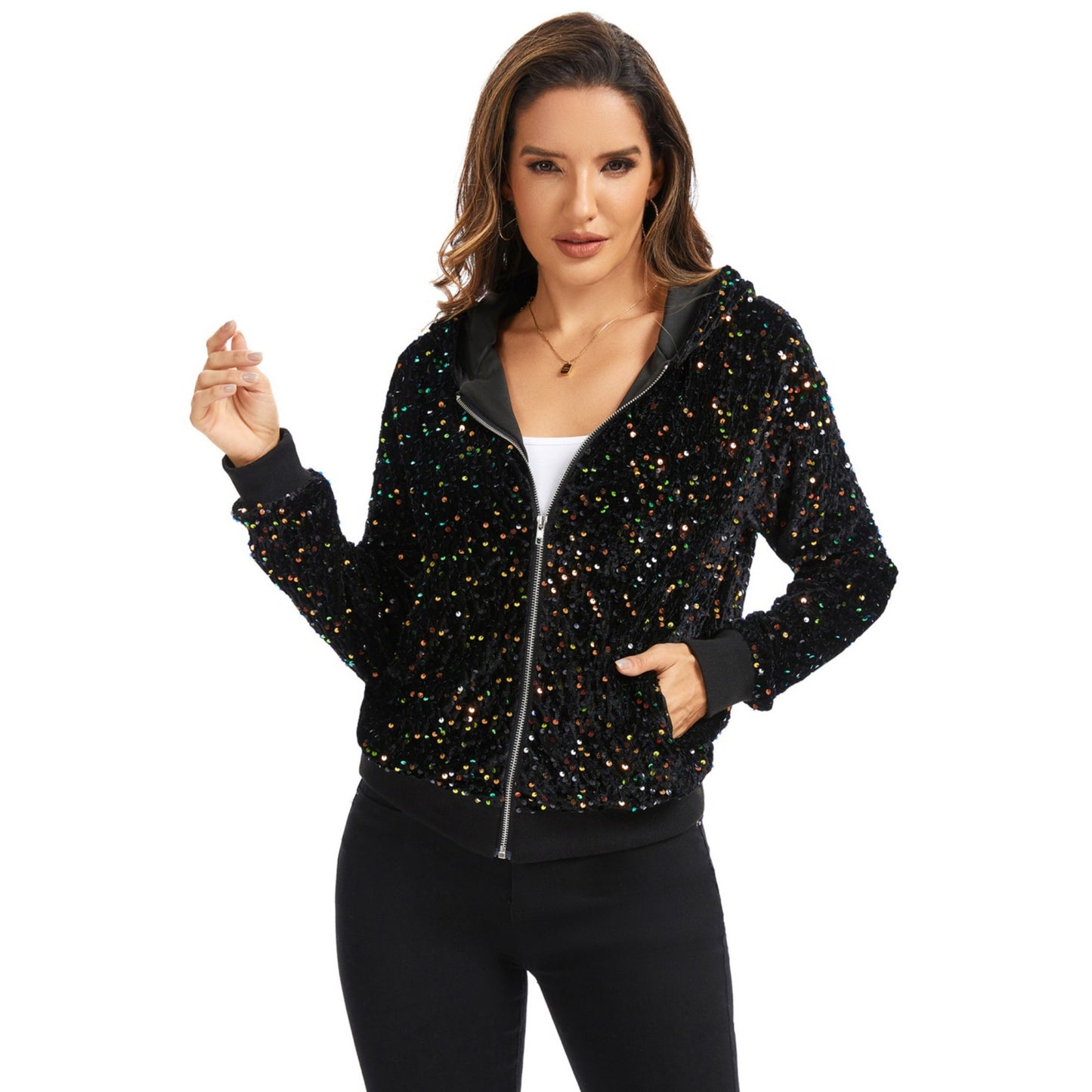Anna-Kaci Women's Hooded Sequin Jacket with Front Zipper Closure and Ribbed Trim