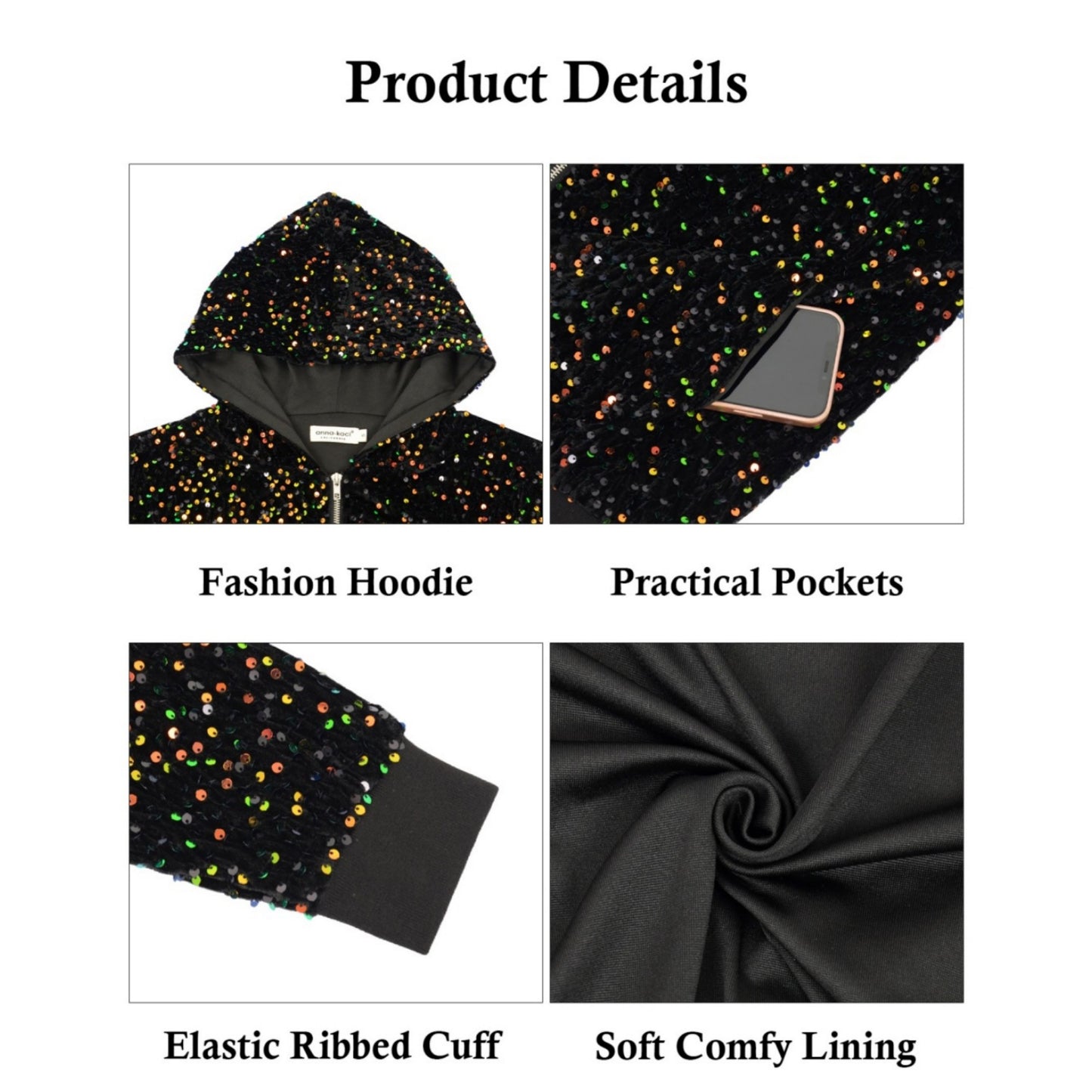 Anna-Kaci Women's Hooded Sequin Jacket with Front Zipper Closure and Ribbed Trim