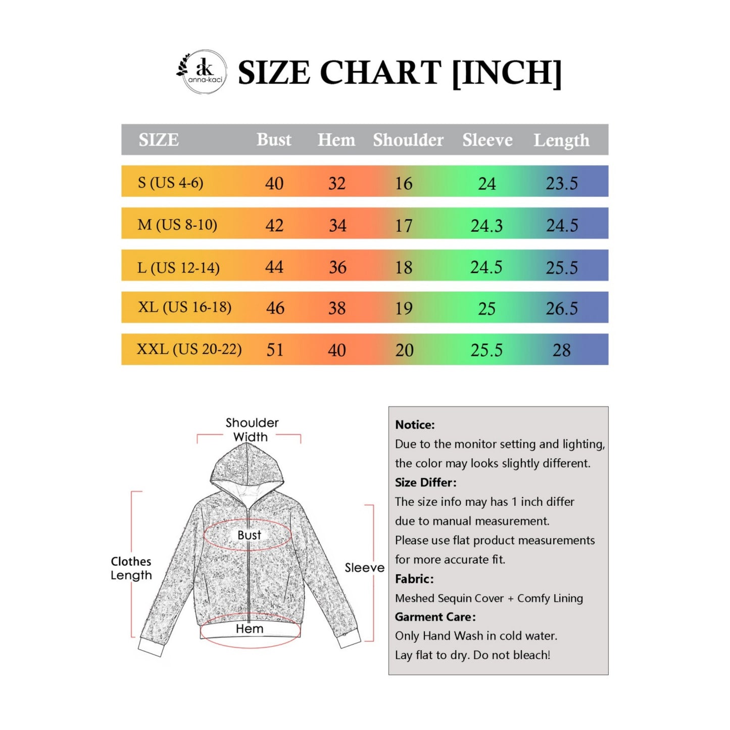 Anna-Kaci Women's Hooded Sequin Jacket with Front Zipper Closure and Ribbed Trim