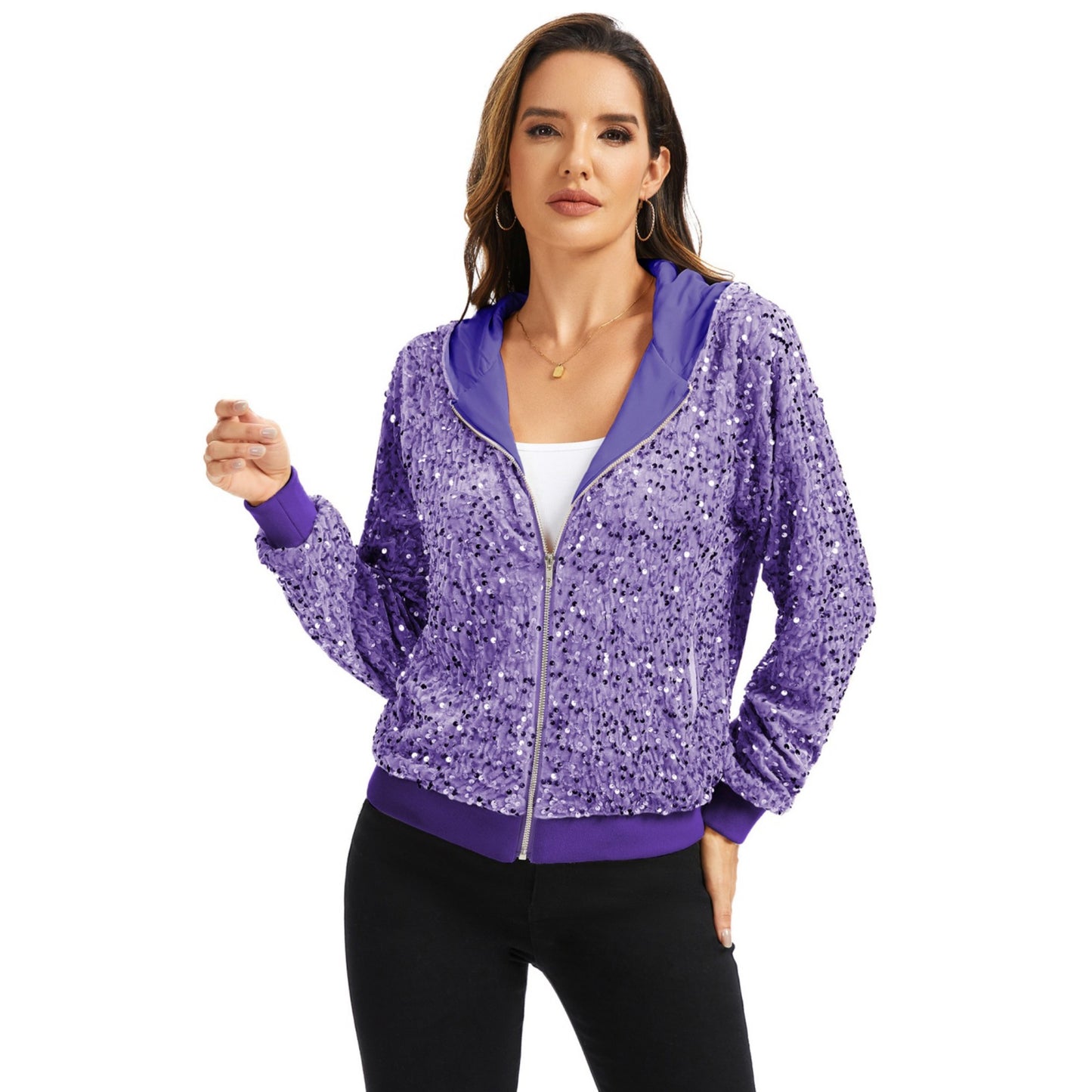 Anna-Kaci Women's Hooded Sequin Jacket with Front Zipper Closure and Ribbed Trim