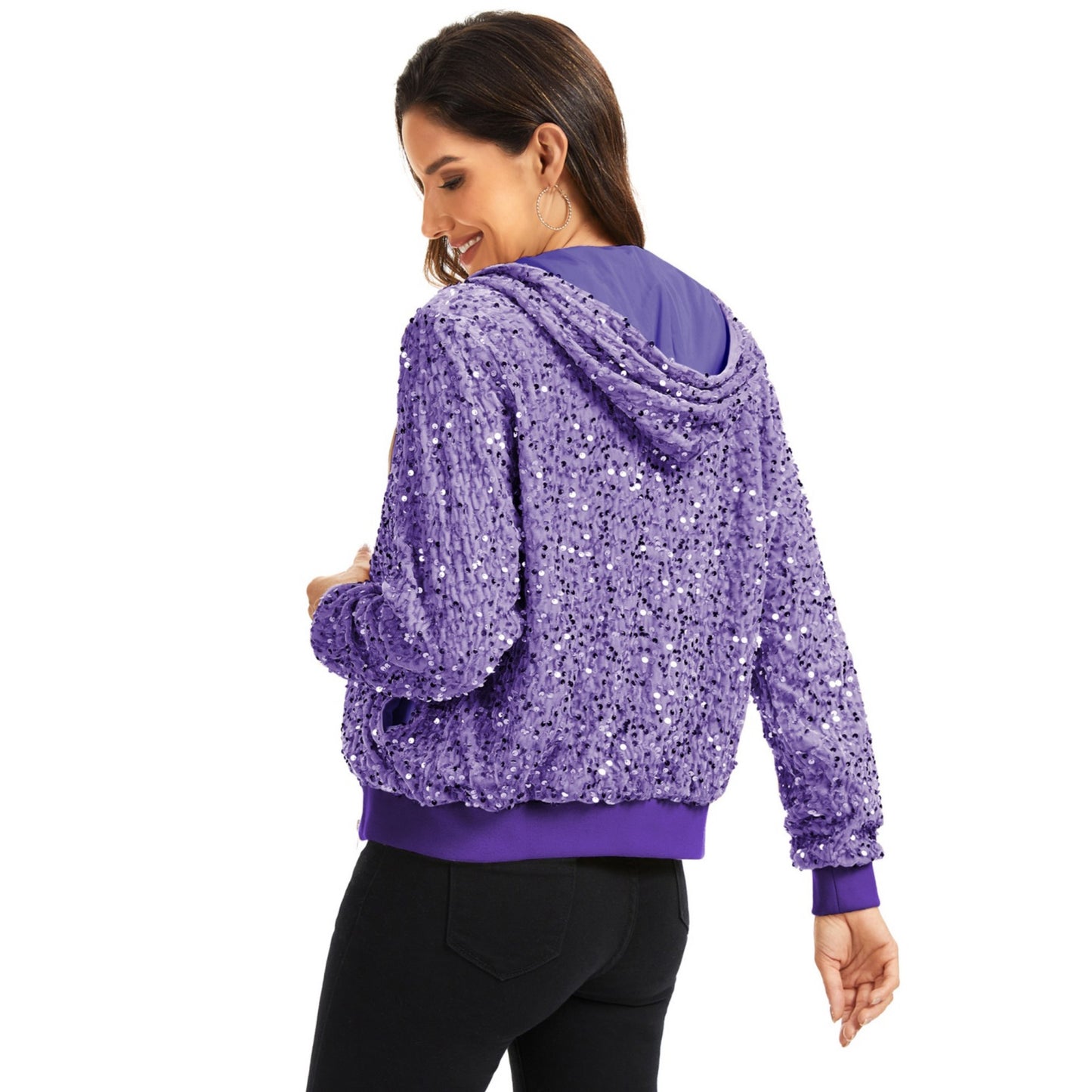 Anna-Kaci Women's Hooded Sequin Jacket with Front Zipper Closure and Ribbed Trim