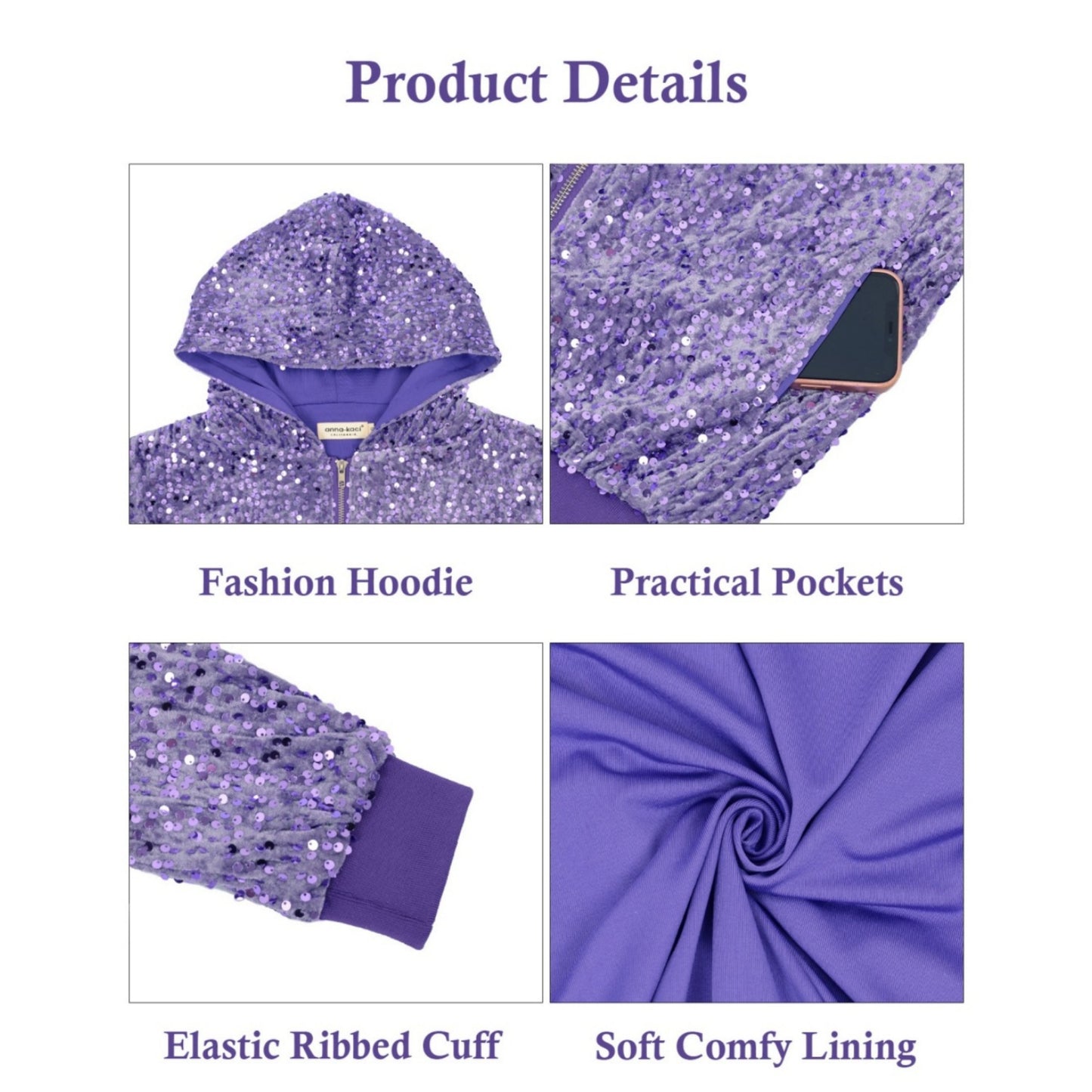 Anna-Kaci Women's Hooded Sequin Jacket with Front Zipper Closure and Ribbed Trim