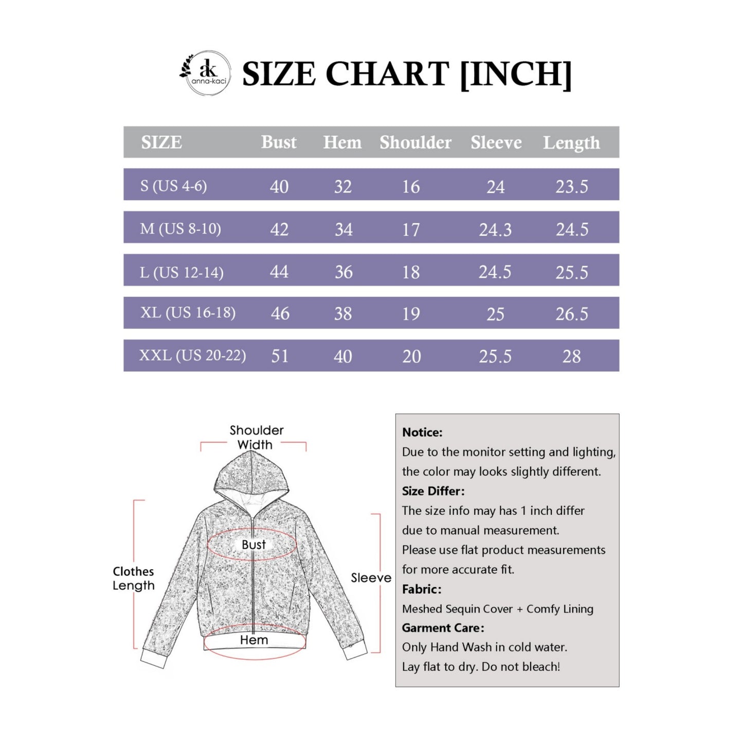 Anna-Kaci Women's Hooded Sequin Jacket with Front Zipper Closure and Ribbed Trim