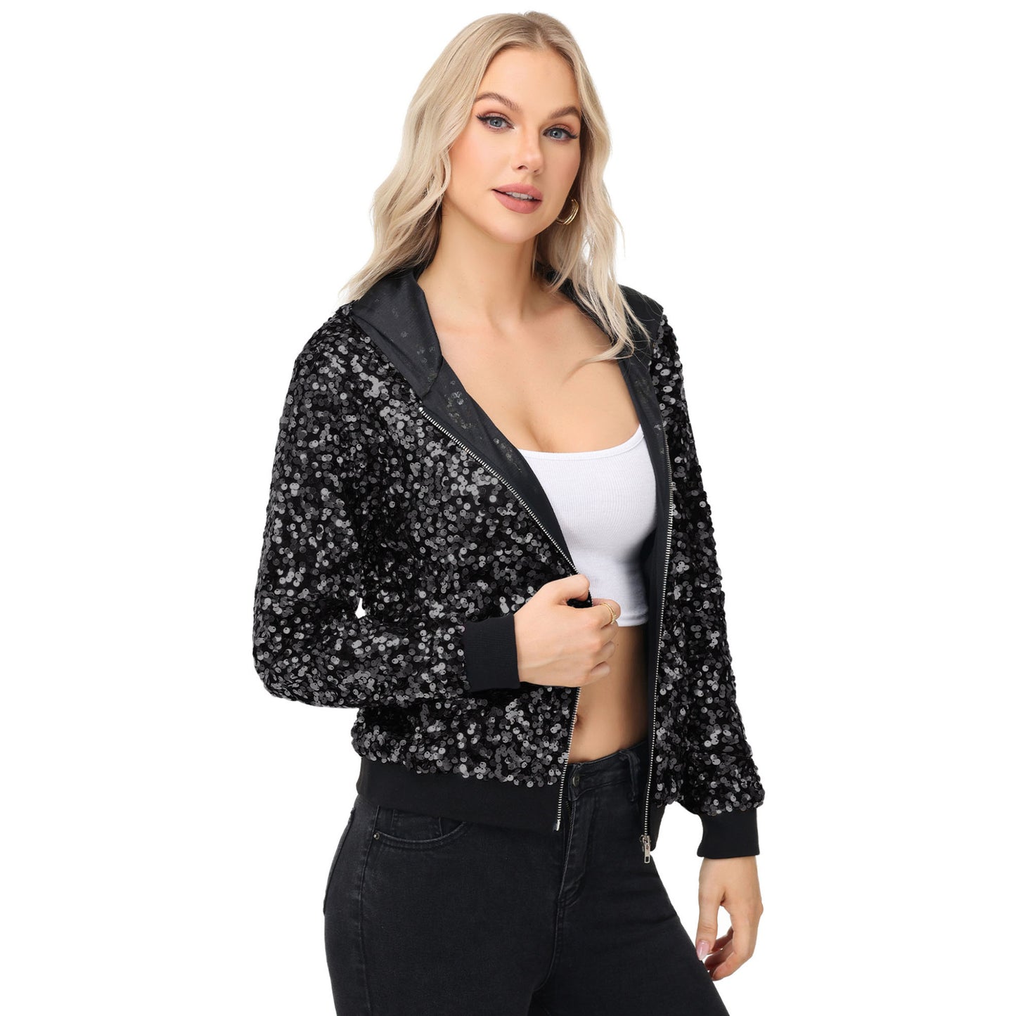 Anna-Kaci Women's Sparkly Sequin Jacket Hooded Glitter Zip Up Bomber Jacket Coat Concert Party Clubwear