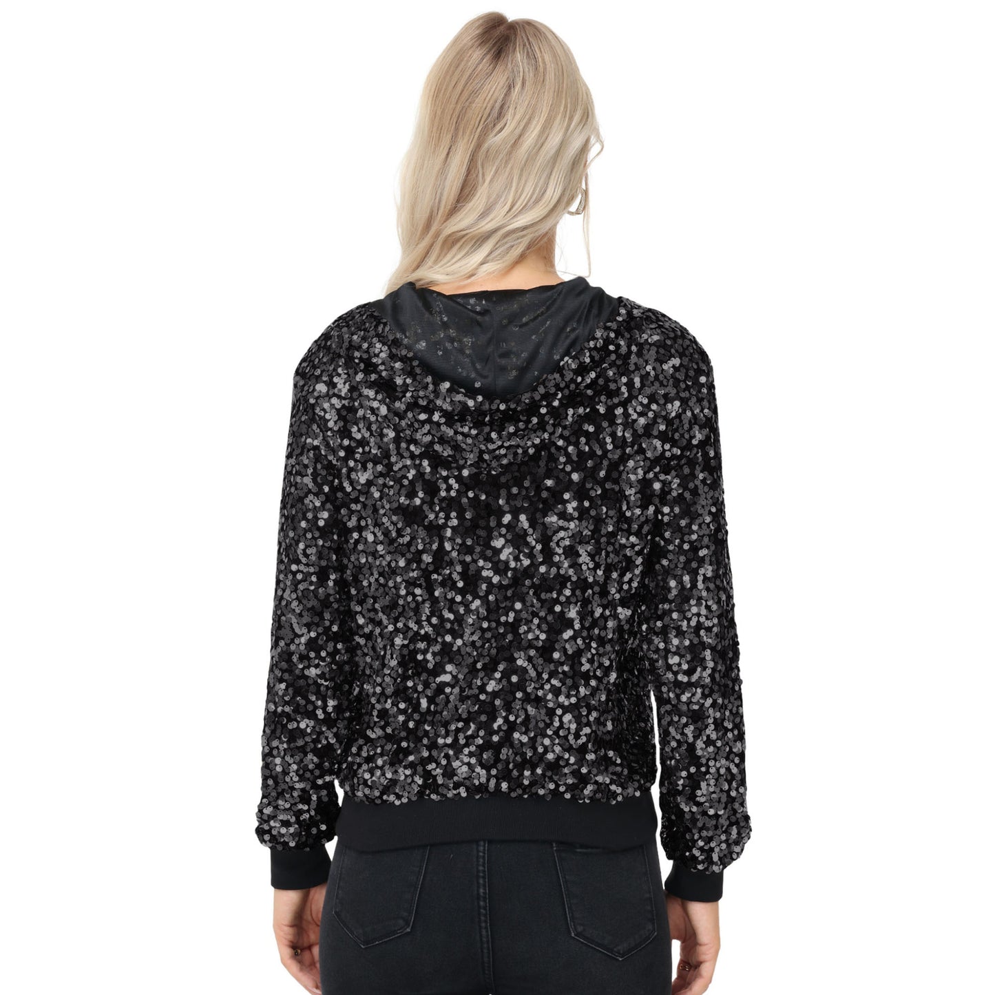 Anna-Kaci Women's Sparkly Sequin Jacket Hooded Glitter Zip Up Bomber Jacket Coat Concert Party Clubwear