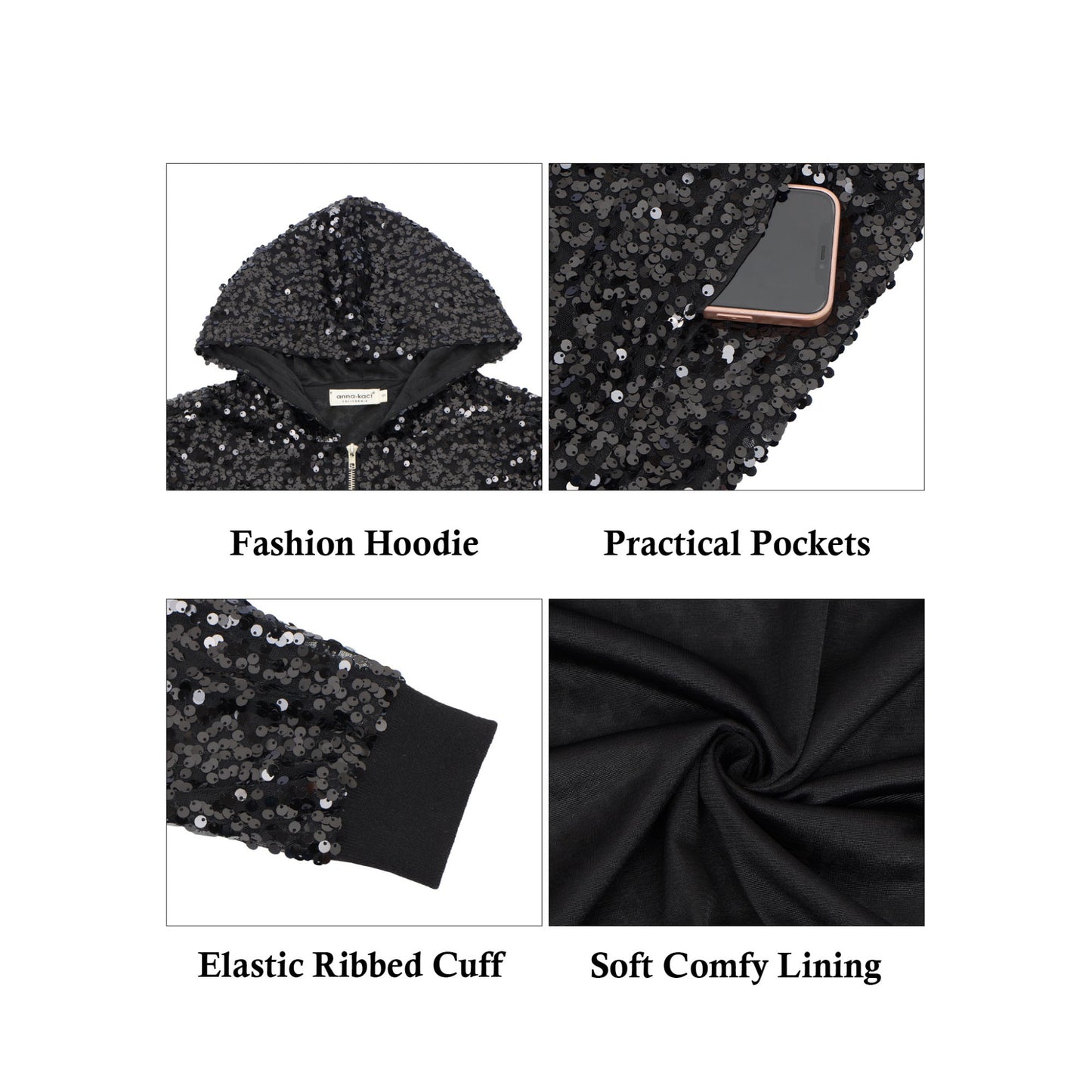 Anna-Kaci Women's Sparkly Sequin Jacket Hooded Glitter Zip Up Bomber Jacket Coat Concert Party Clubwear