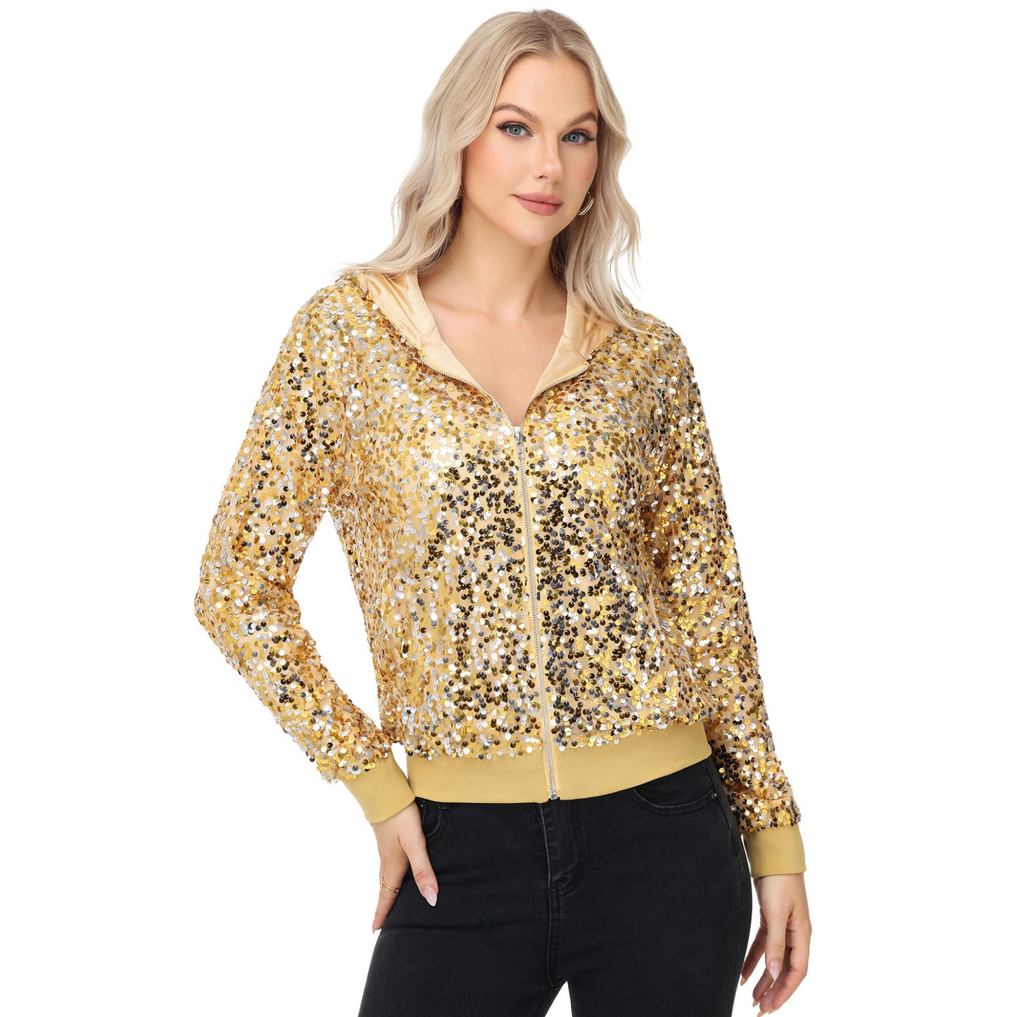 Anna-Kaci Women's Sparkly Sequin Jacket Hooded Glitter Zip Up Bomber Jacket Coat Concert Party Clubwear