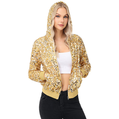 Anna-Kaci Women's Sparkly Sequin Jacket Hooded Glitter Zip Up Bomber Jacket Coat Concert Party Clubwear