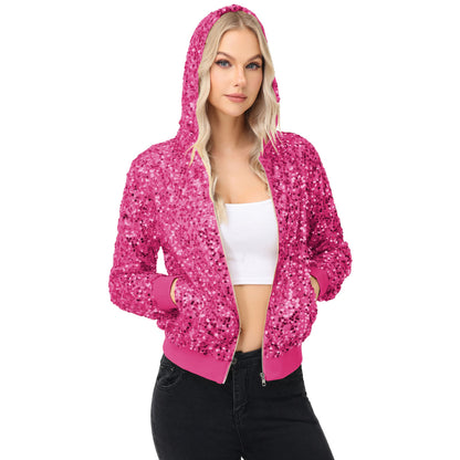 Anna-Kaci Women's Sparkly Sequin Jacket Hooded Glitter Zip Up Bomber Jacket Coat Concert Party Clubwear