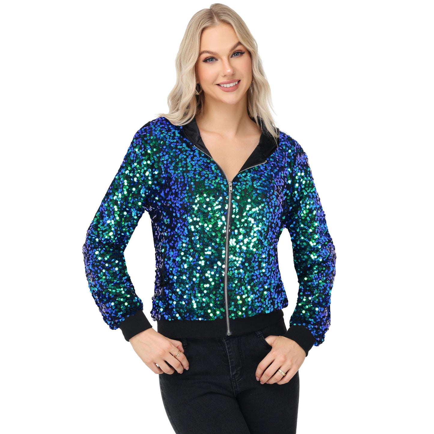 Anna-Kaci Women's Sparkly Sequin Jacket Hooded Glitter Zip Up Bomber Jacket Coat Concert Party Clubwear