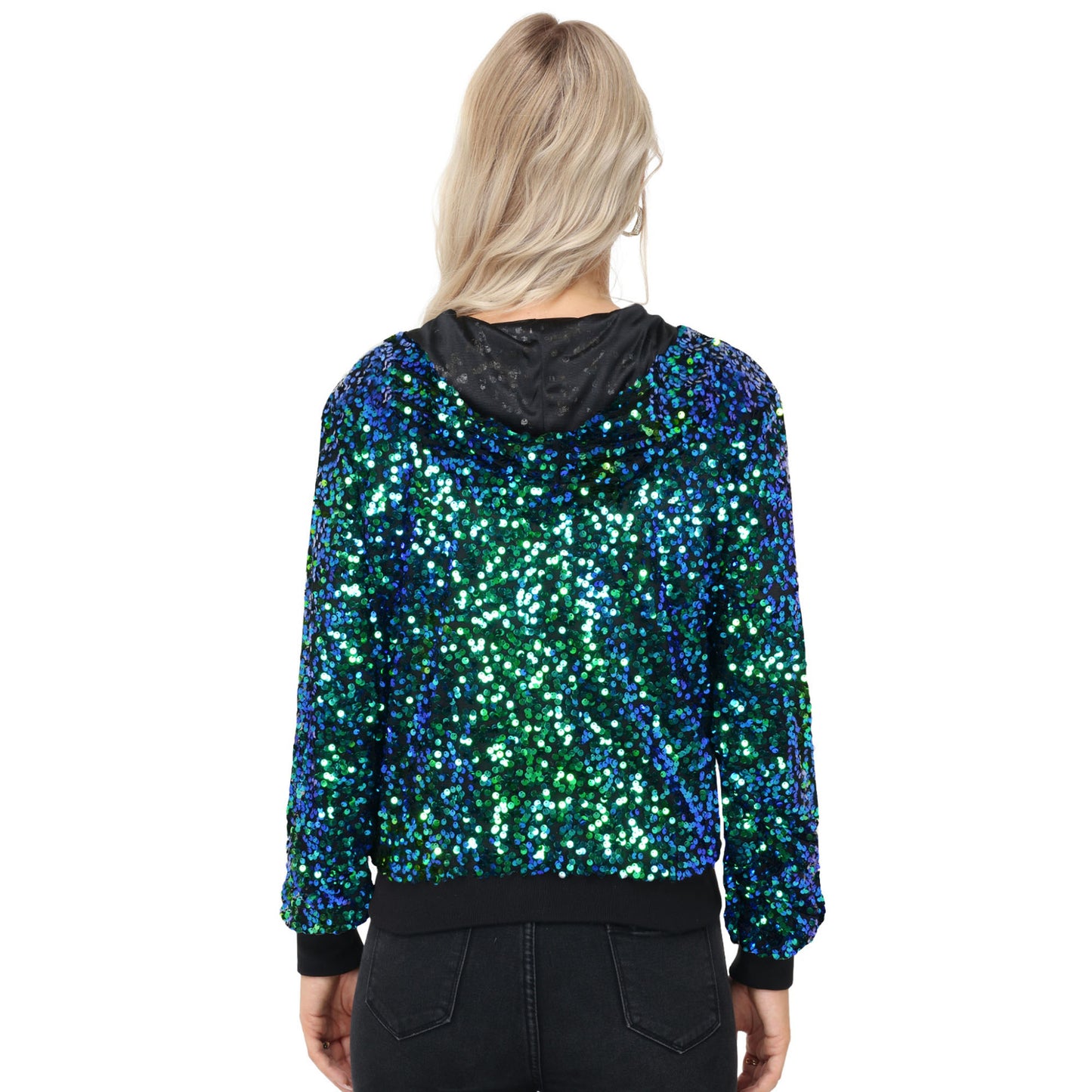Anna-Kaci Women's Sparkly Sequin Jacket Hooded Glitter Zip Up Bomber Jacket Coat Concert Party Clubwear