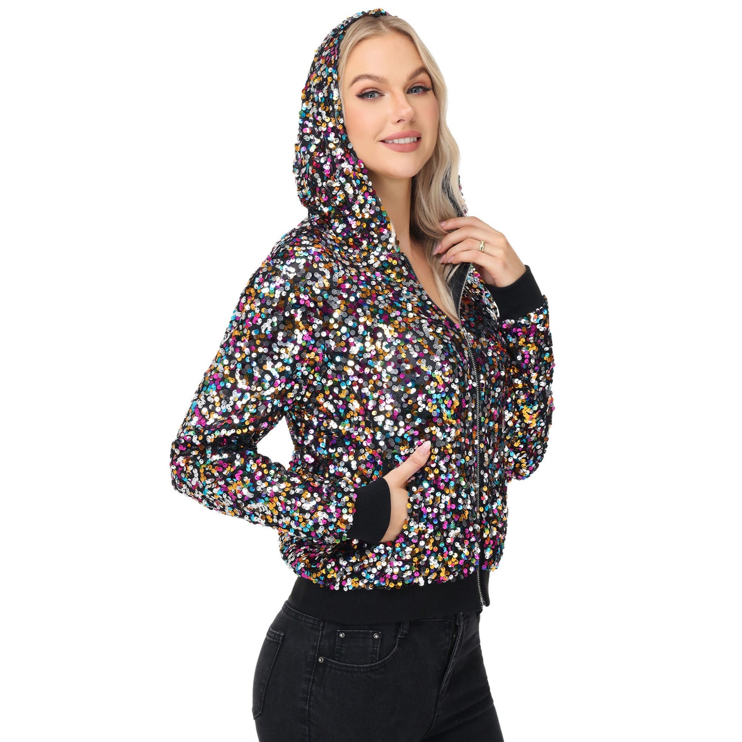 Anna-Kaci Women's Sparkly Sequin Jacket Hooded Glitter Zip Up Bomber Jacket Coat Concert Party Clubwear