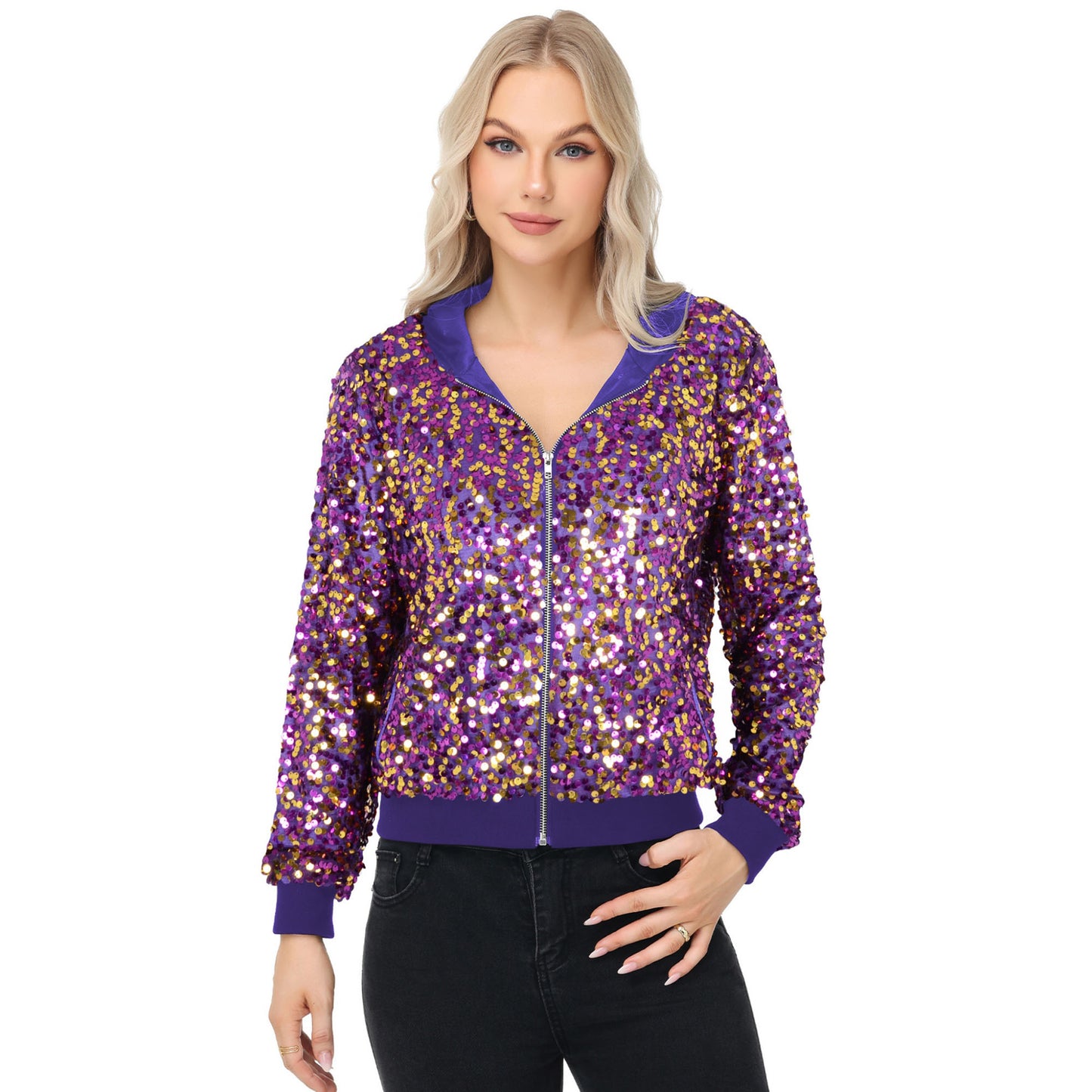 Anna-Kaci Women's Sparkly Sequin Jacket Hooded Glitter Zip Up Bomber Jacket Coat Concert Party Clubwear