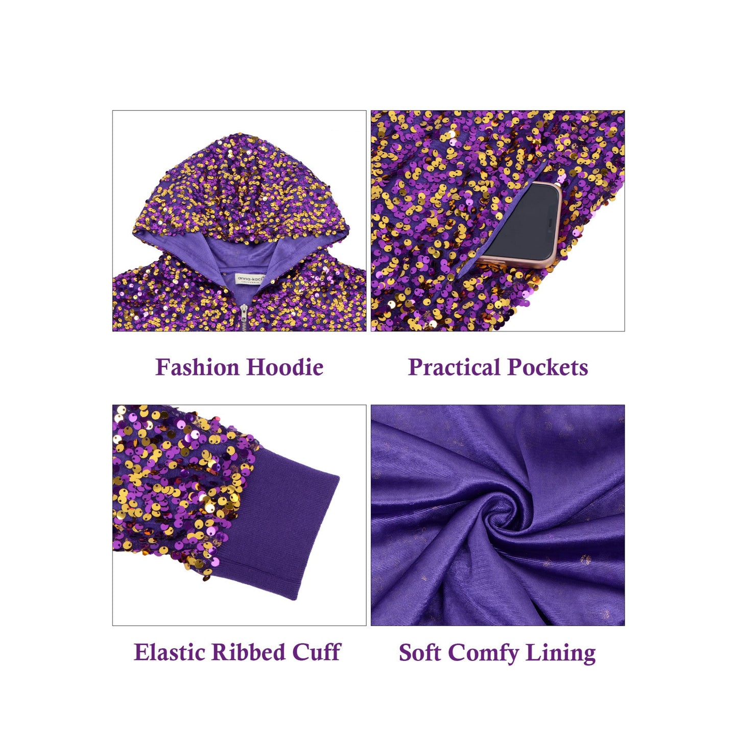 Anna-Kaci Women's Sparkly Sequin Jacket Hooded Glitter Zip Up Bomber Jacket Coat Concert Party Clubwear