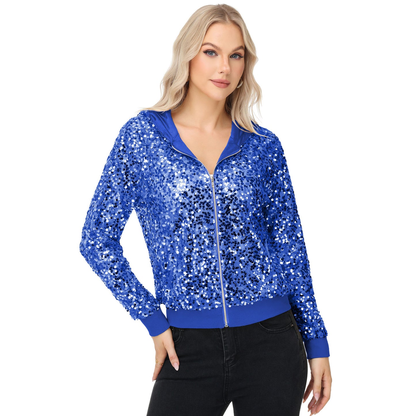 Anna-Kaci Women's Sparkly Sequin Jacket Hooded Glitter Zip Up Bomber Jacket Coat Concert Party Clubwear