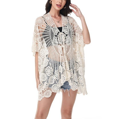 Anna-Kaci Crochet Lace Cardigan Kimono Top with Boho Floral Patterns for Beach