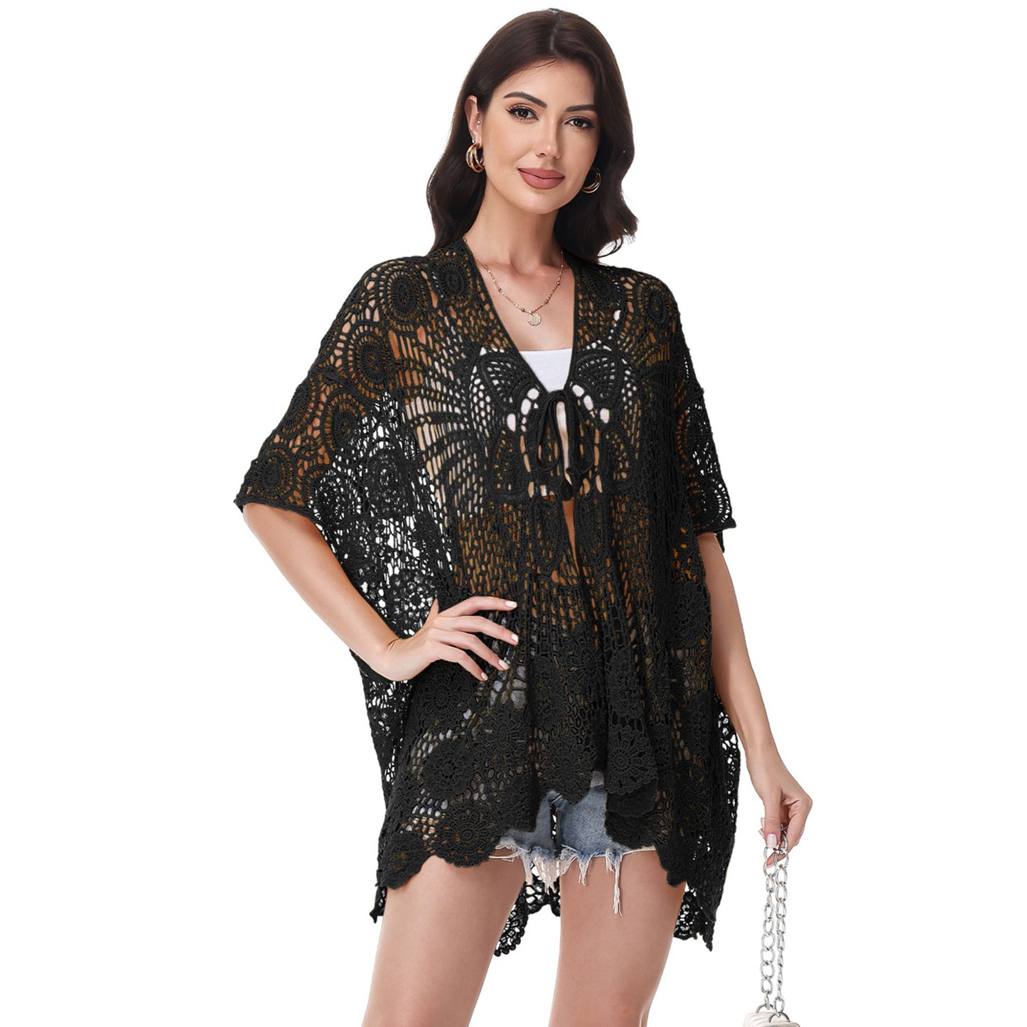 Anna-Kaci Crochet Lace Cardigan Kimono Top with Boho Floral Patterns for Beach