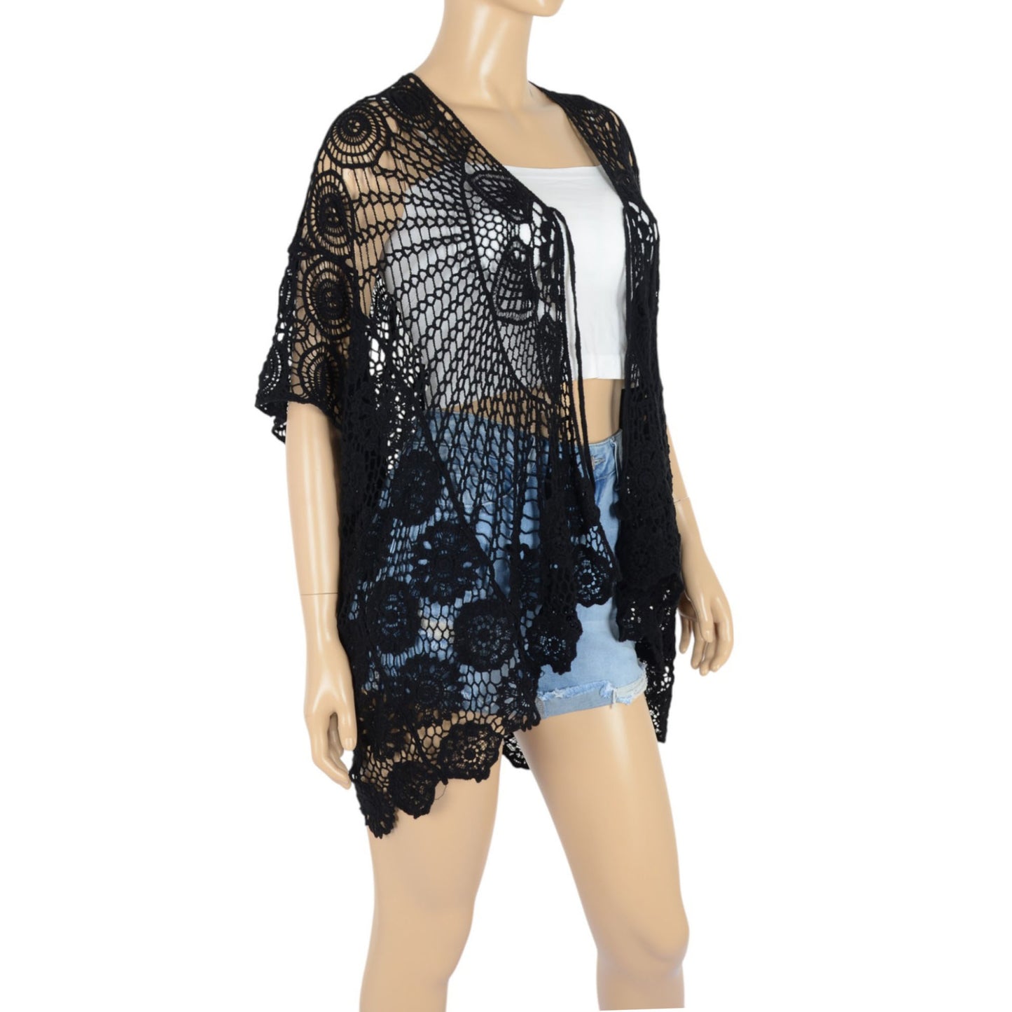 Anna-Kaci Crochet Lace Cardigan Kimono Top with Boho Floral Patterns for Beach