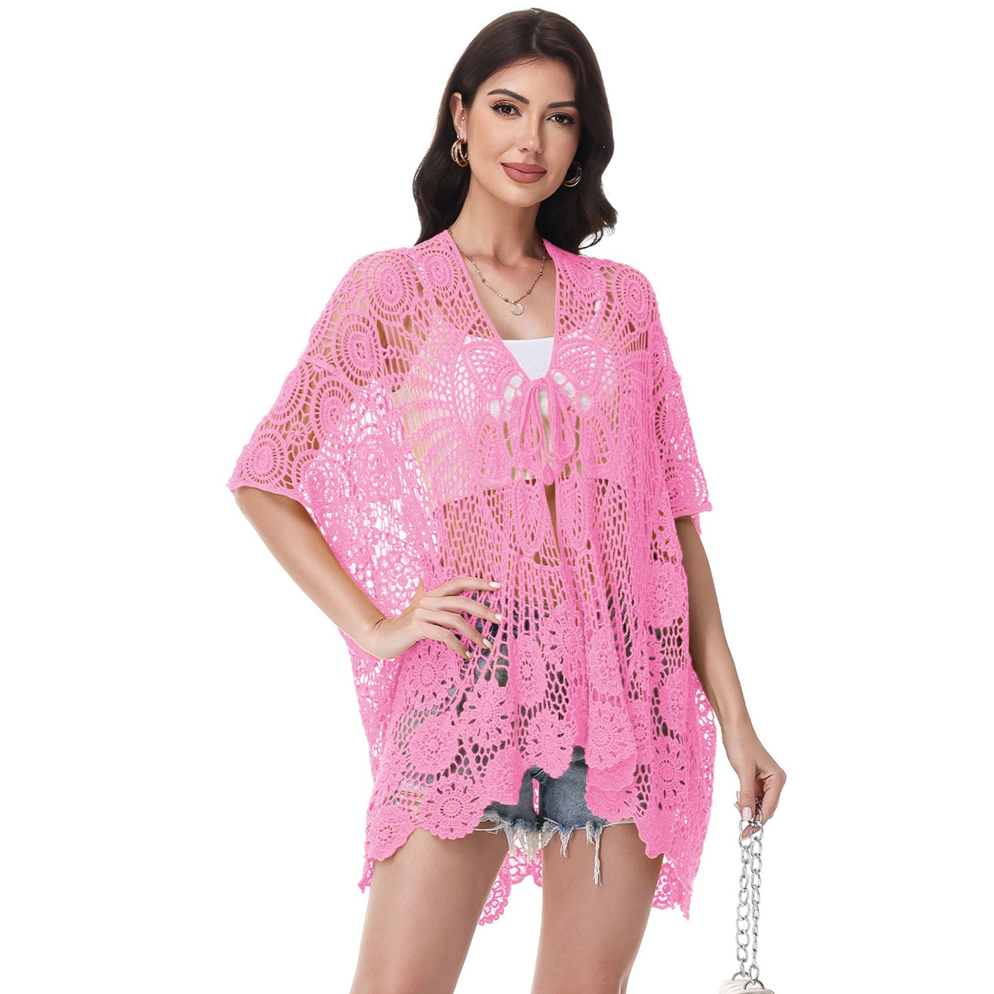 Anna-Kaci Crochet Lace Cardigan Kimono Top with Boho Floral Patterns for Beach