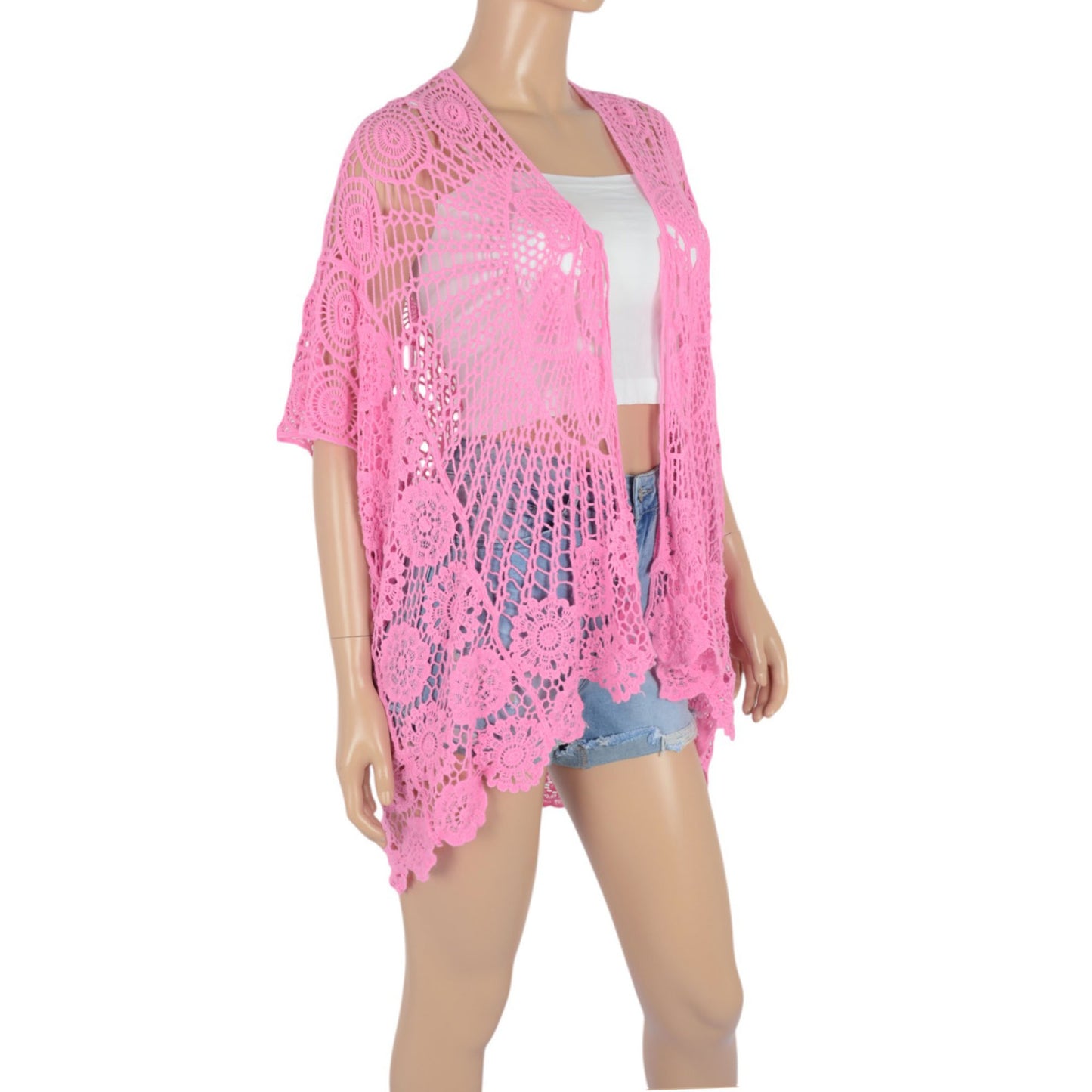 Anna-Kaci Crochet Lace Cardigan Kimono Top with Boho Floral Patterns for Beach