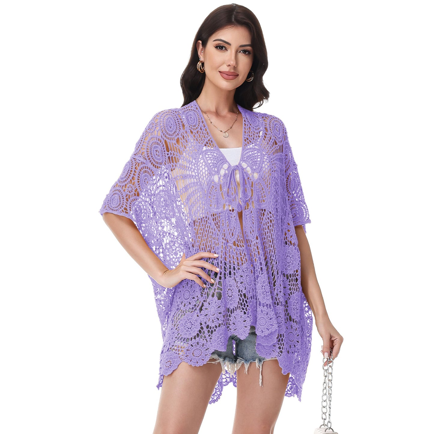 Anna-Kaci Crochet Lace Cardigan Kimono Top with Boho Floral Patterns for Beach
