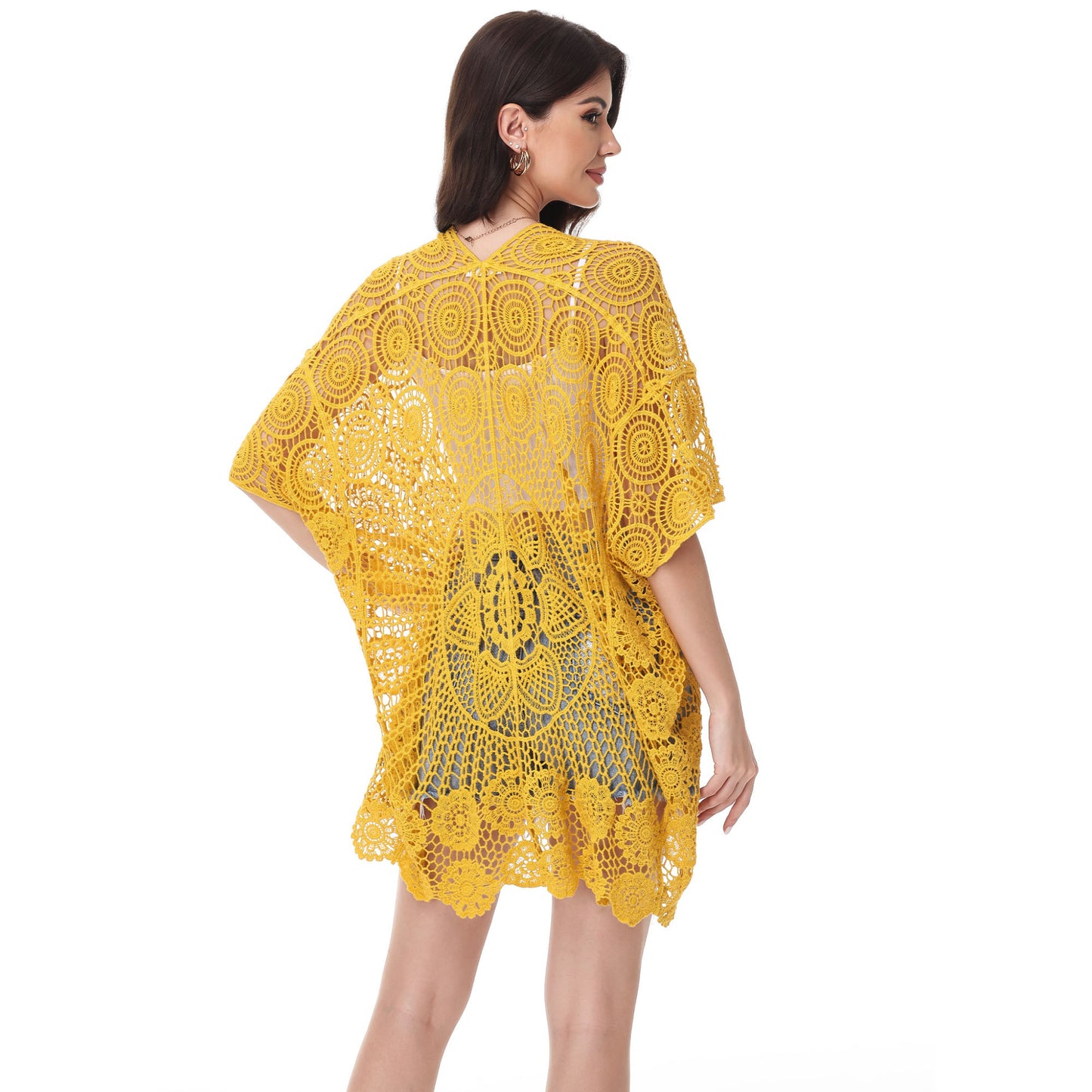 Anna-Kaci Crochet Lace Cardigan Kimono Top with Boho Floral Patterns for Beach