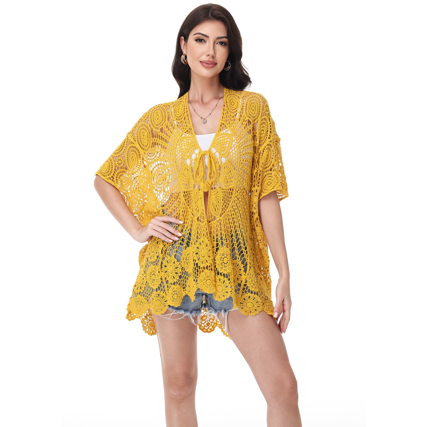 Anna-Kaci Crochet Lace Cardigan Kimono Top with Boho Floral Patterns for Beach
