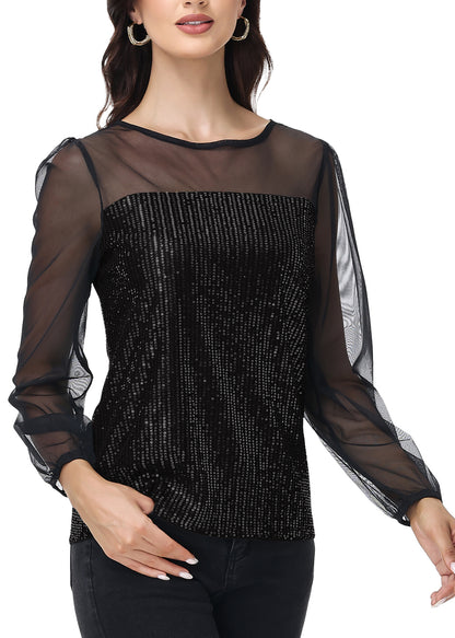 Anna-Kaci Women's Long Sleeve Sequin Blouse Sheer Mesh Top Sparkly Shirt for Holiday Party