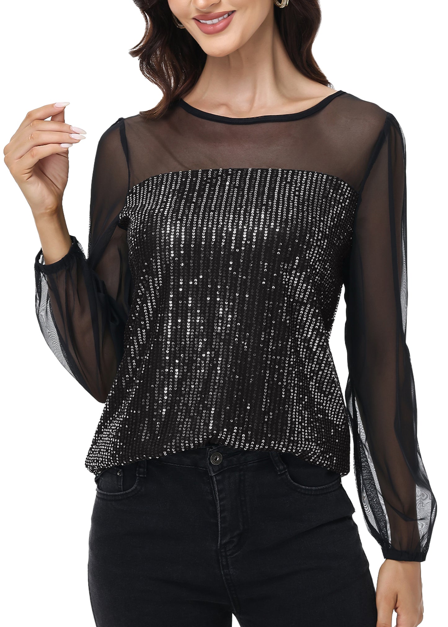 Anna-Kaci Women's Long Sleeve Sequin Blouse Sheer Mesh Top Sparkly Shirt for Holiday Party