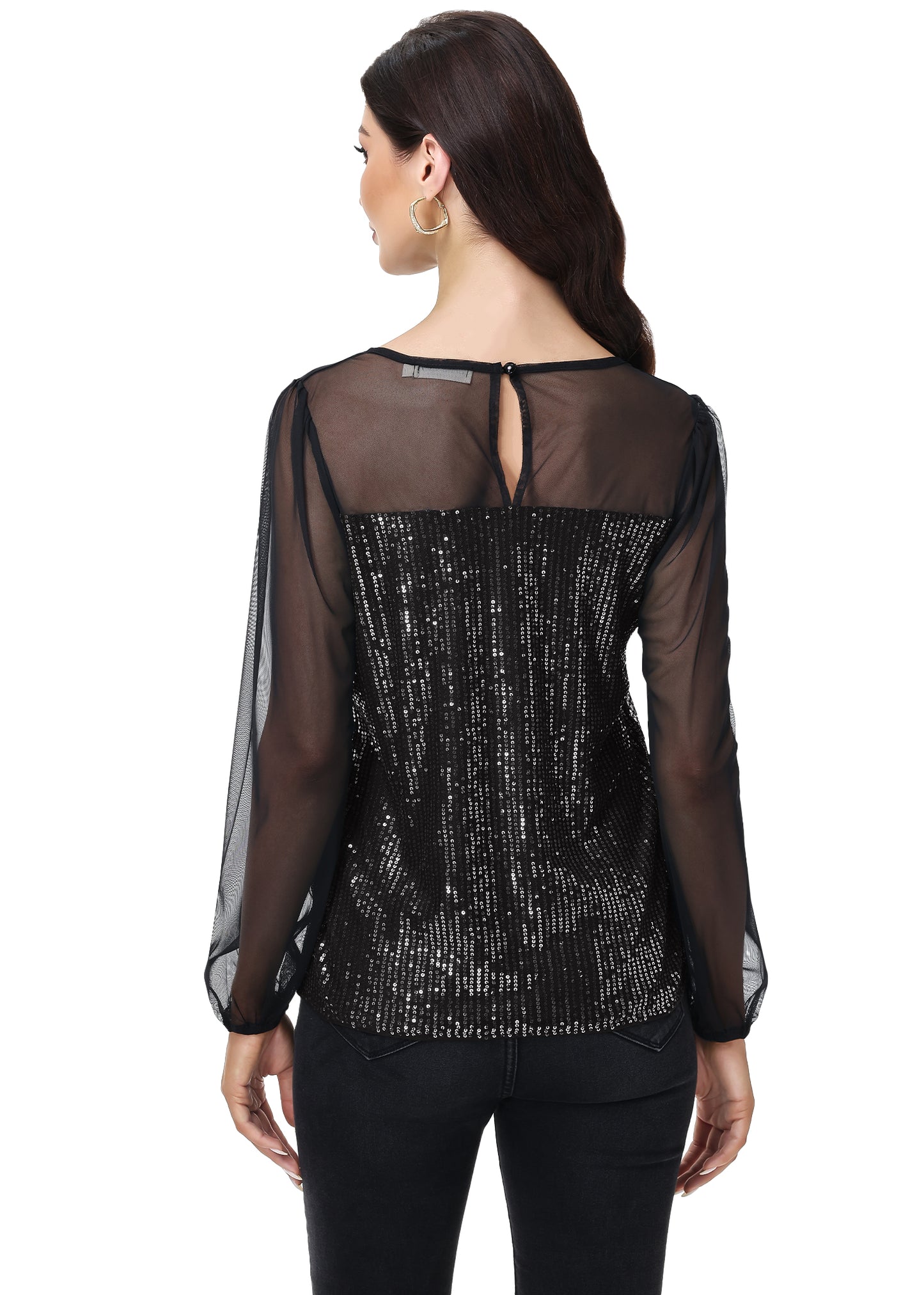 Anna-Kaci Women's Long Sleeve Sequin Blouse Sheer Mesh Top Sparkly Shirt for Holiday Party