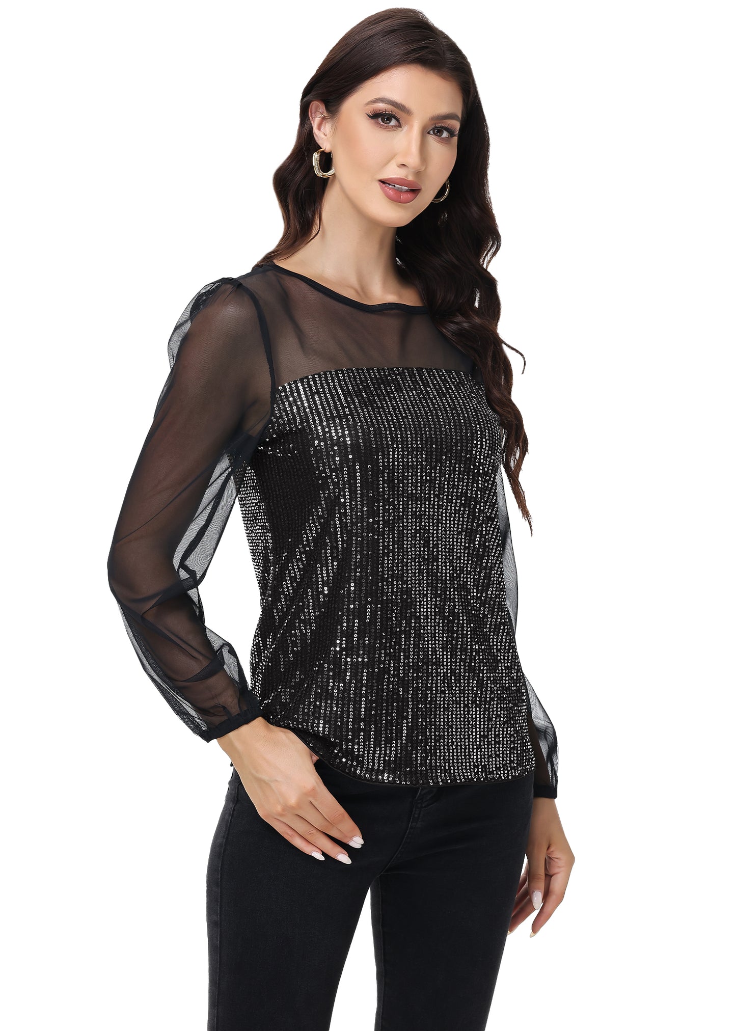 Anna-Kaci Women's Long Sleeve Sequin Blouse Sheer Mesh Top Sparkly Shirt for Holiday Party