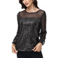 Anna-Kaci Women's Long Sleeve Sequin Blouse Sheer Mesh Top Sparkly Shirt for Holiday Party