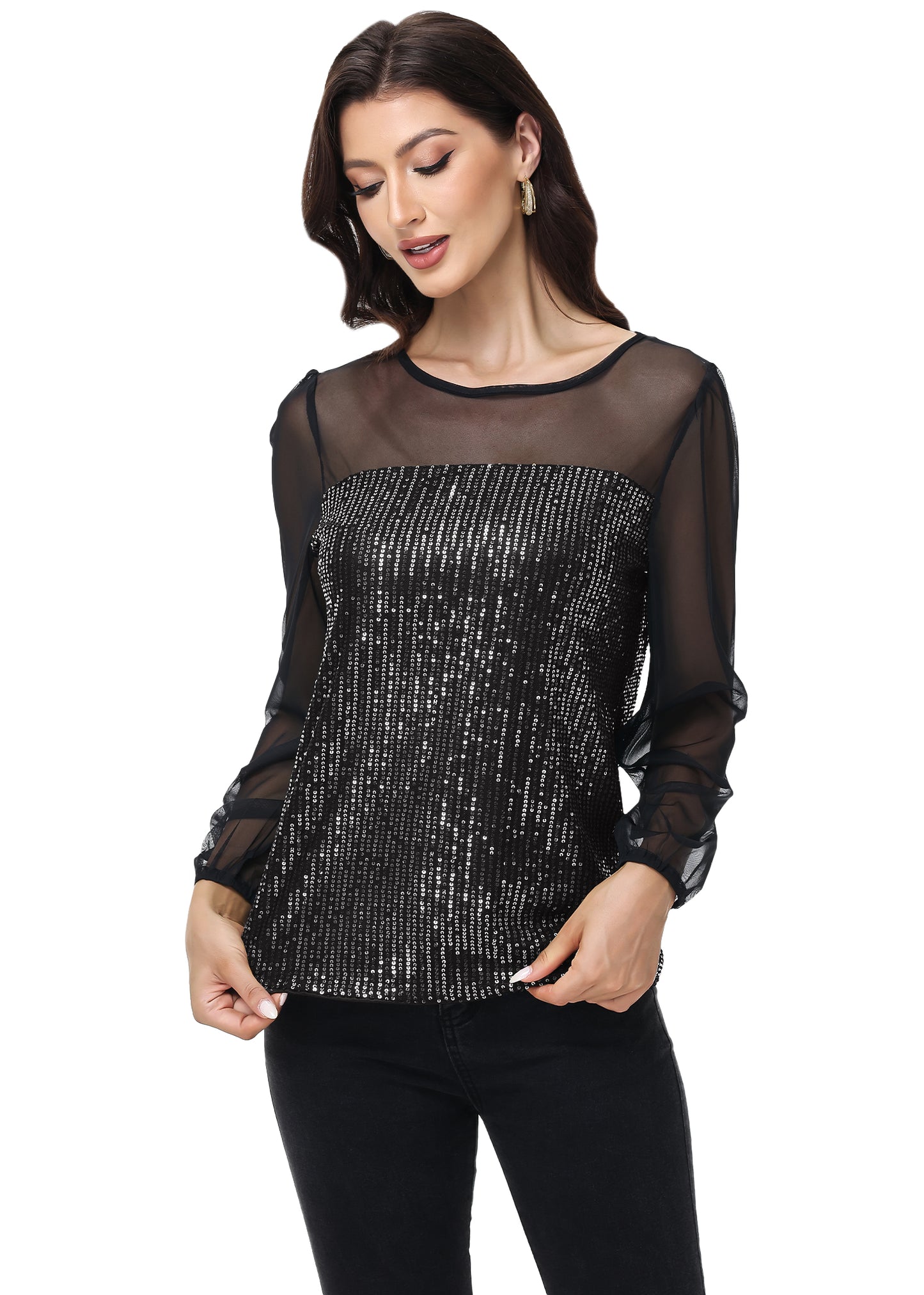 Anna-Kaci Women's Long Sleeve Sequin Blouse Sheer Mesh Top Sparkly Shirt for Holiday Party
