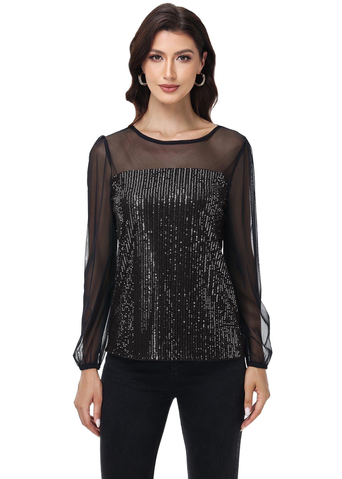 Anna-Kaci Women's Long Sleeve Sequin Blouse Sheer Mesh Top Sparkly Shirt for Holiday Party
