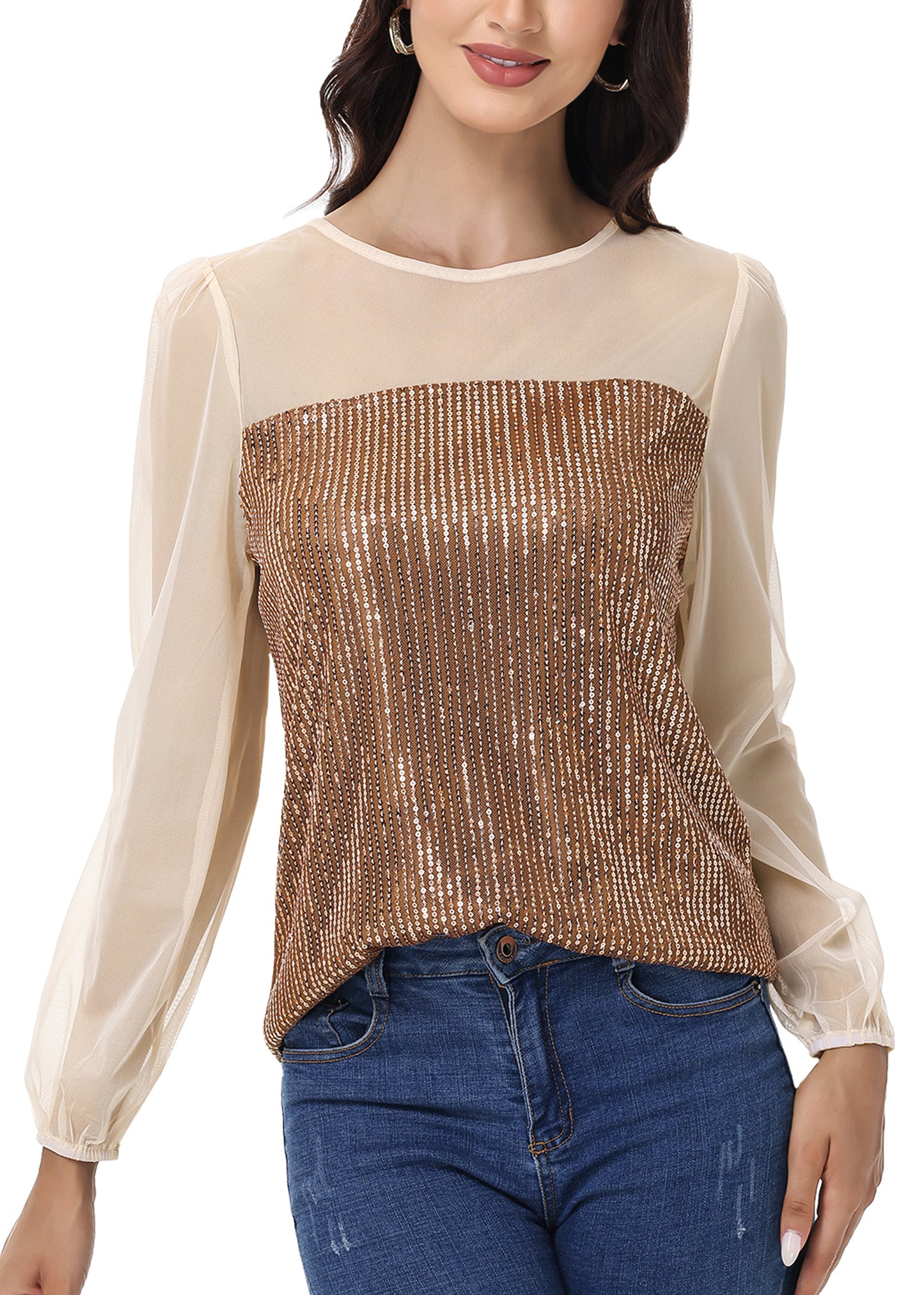 Anna-Kaci Women's Long Sleeve Sequin Blouse Sheer Mesh Top Sparkly Shirt for Holiday Party