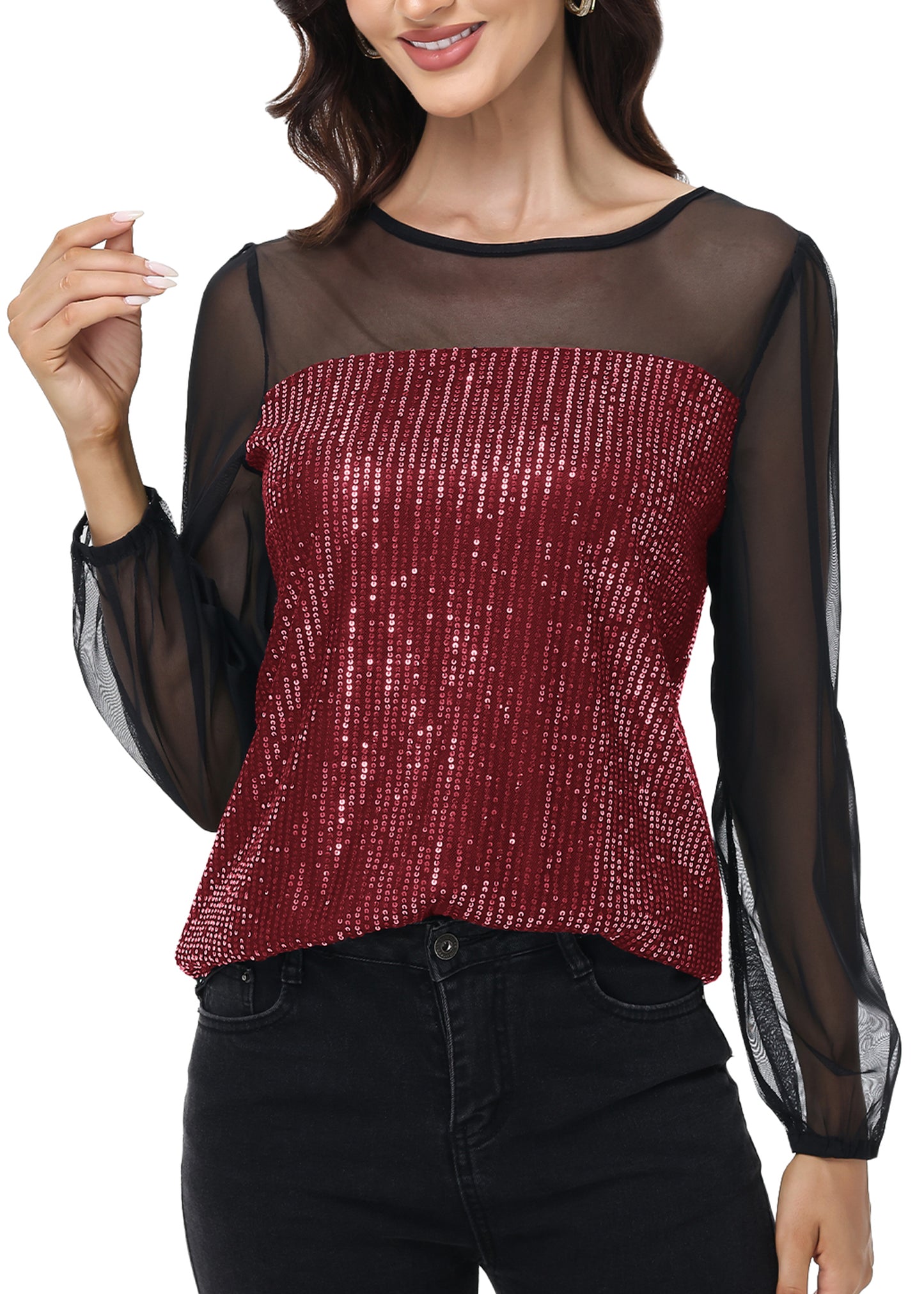 Anna-Kaci Women's Long Sleeve Sequin Blouse Sheer Mesh Top Sparkly Shirt for Holiday Party