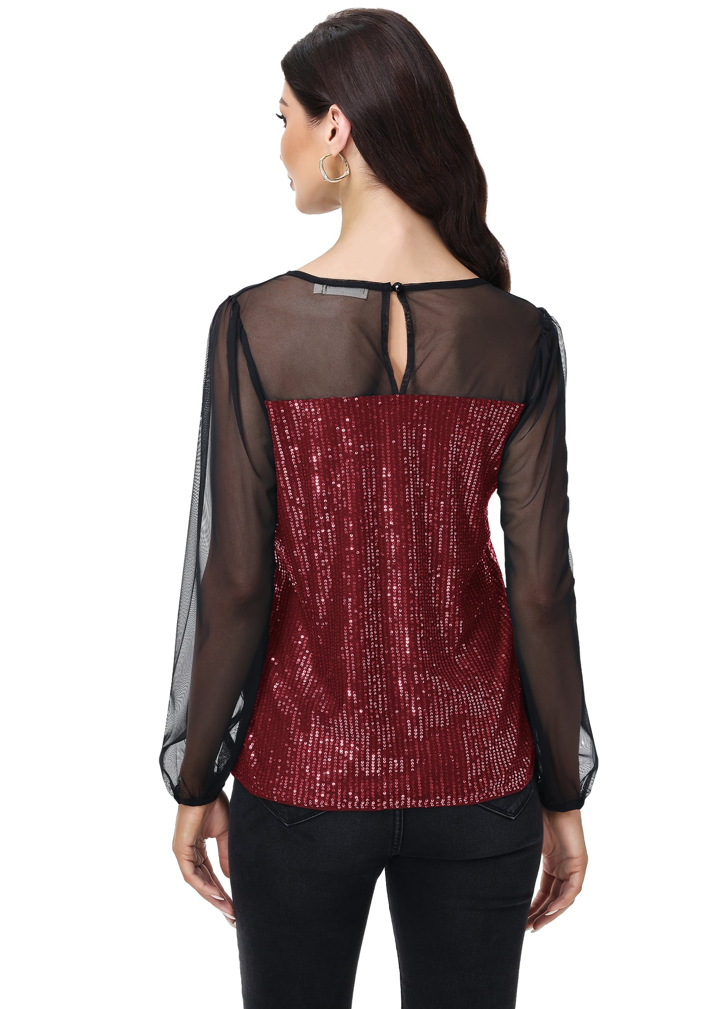 Anna-Kaci Women's Long Sleeve Sequin Blouse Sheer Mesh Top Sparkly Shirt for Holiday Party