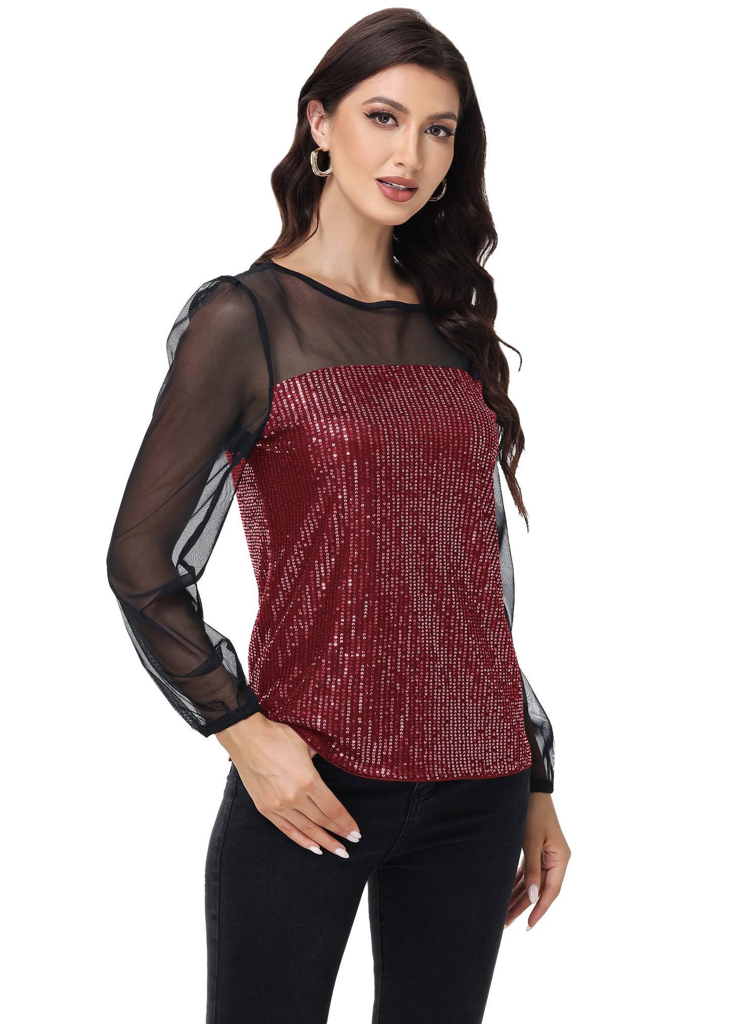 Anna-Kaci Women's Long Sleeve Sequin Blouse Sheer Mesh Top Sparkly Shirt for Holiday Party