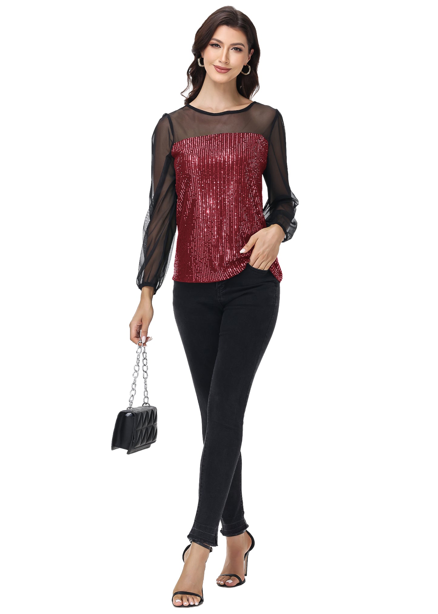Anna-Kaci Women's Long Sleeve Sequin Blouse Sheer Mesh Top Sparkly Shirt for Holiday Party
