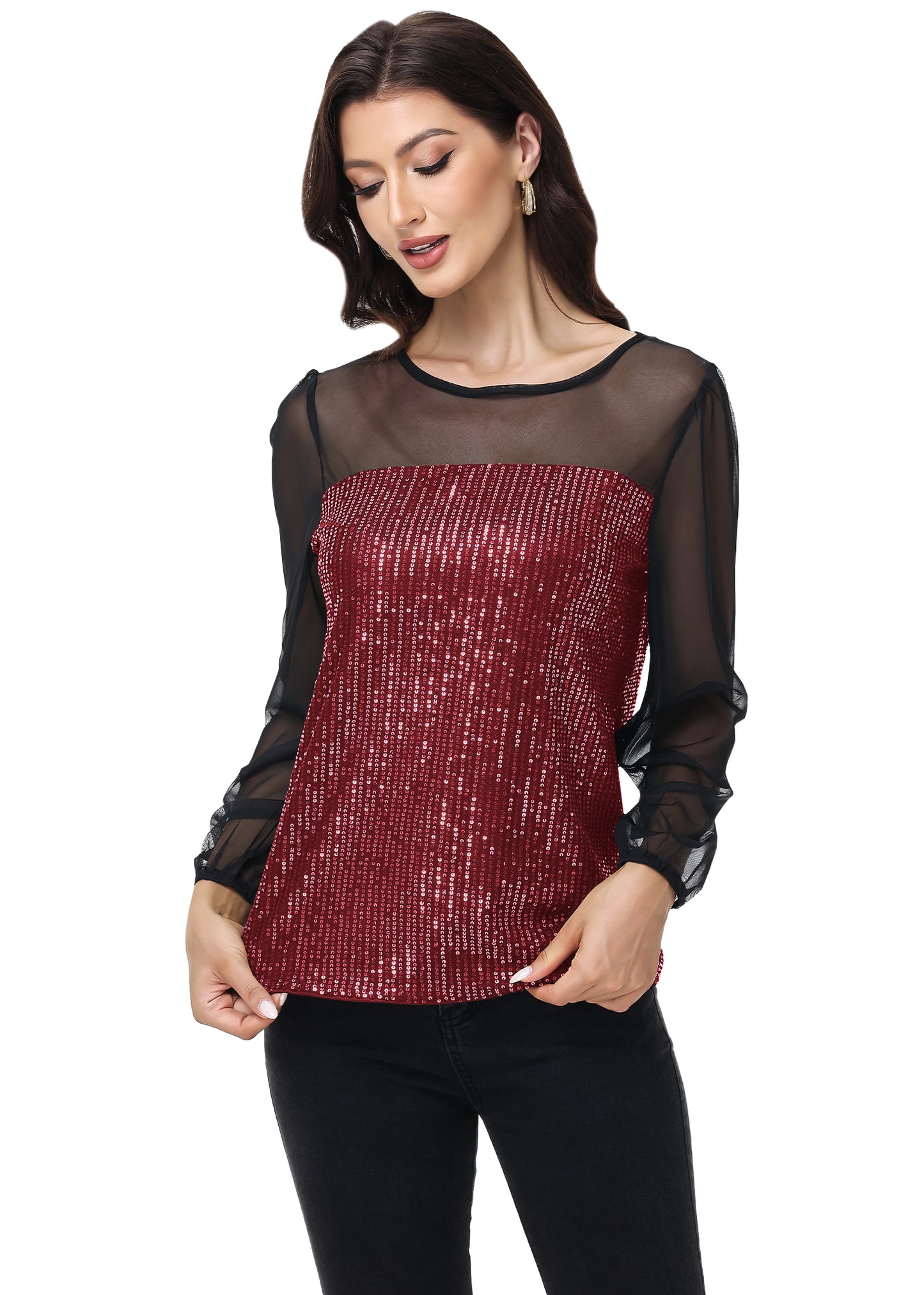 Anna-Kaci Women's Long Sleeve Sequin Blouse Sheer Mesh Top Sparkly Shirt for Holiday Party