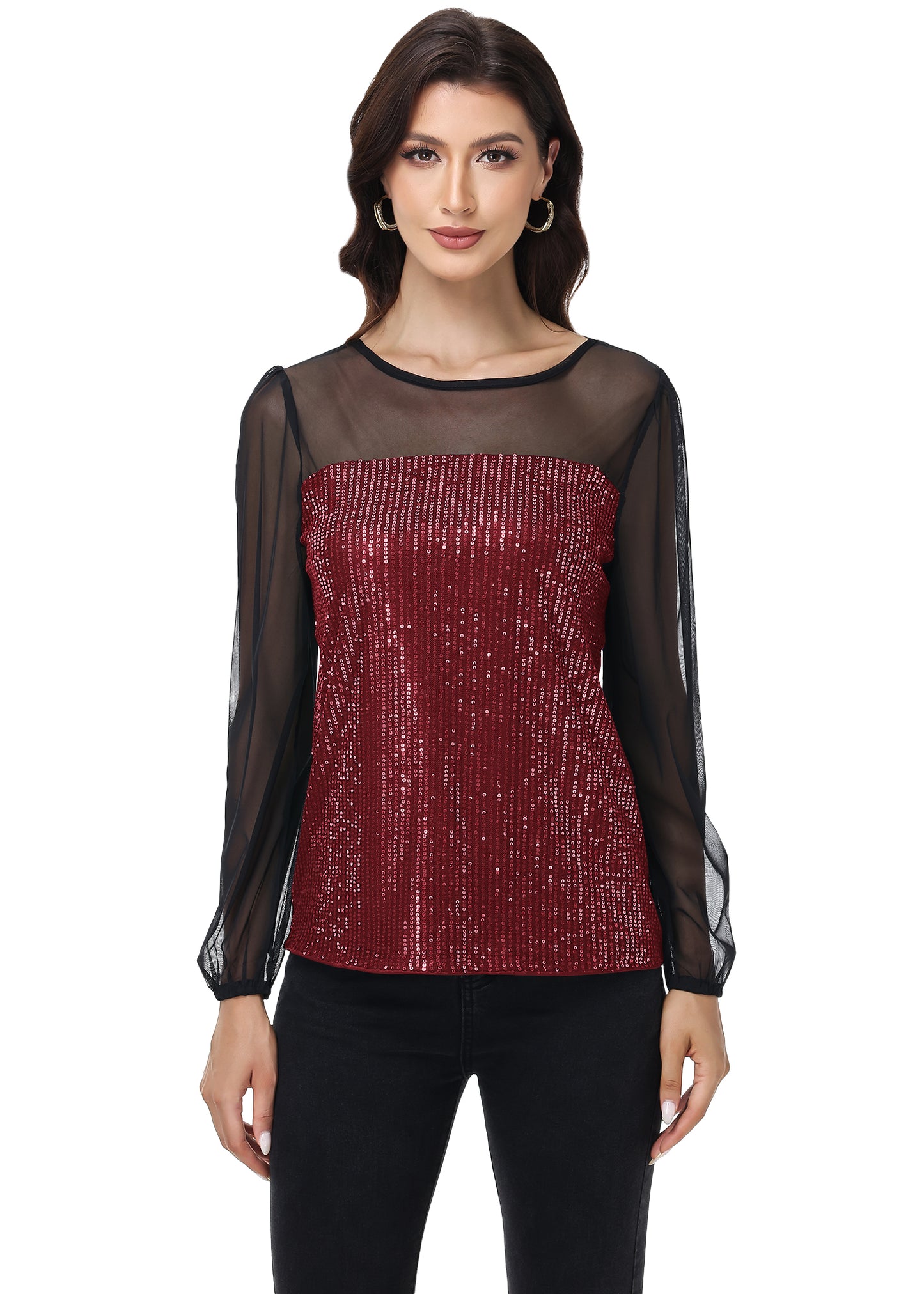 Anna-Kaci Women's Long Sleeve Sequin Blouse Sheer Mesh Top Sparkly Shirt for Holiday Party