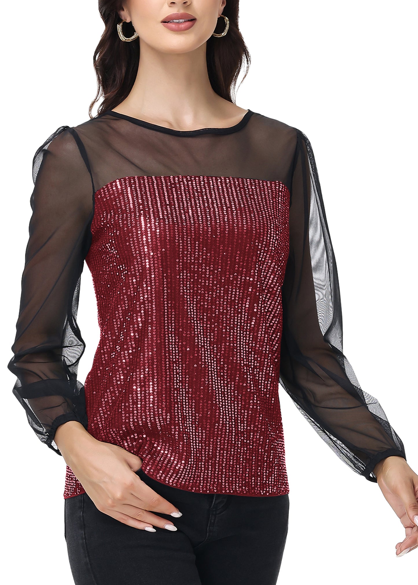 Anna-Kaci Women's Long Sleeve Sequin Blouse Sheer Mesh Top Sparkly Shirt for Holiday Party